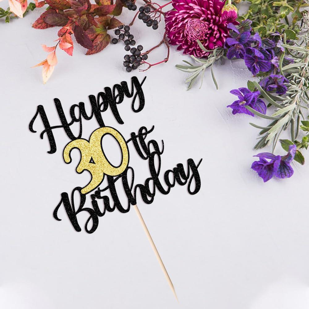 Auteby Auteby Happy 30th Birthday Cake Topper Black Gold Glitter Happy Birthday Cake Topper Cake Pick 30 Fabulous Cake Decoration for Happy 30th Birthday Theme Party Decorations Supplies (Black Gold, 30)