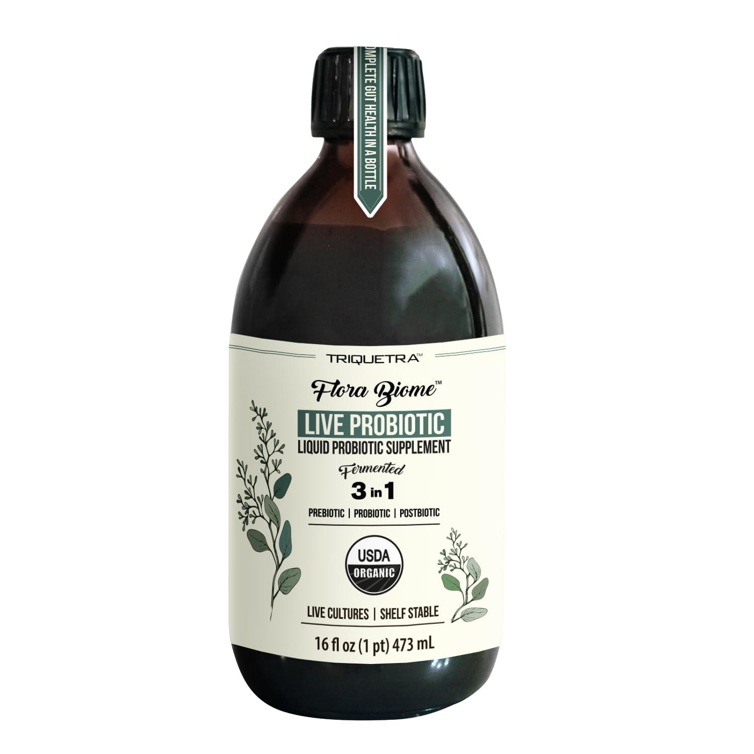 Triquetra Health Flora Biome - Live Probiotic, Prebiotic, & Postbiotic Organic Live-Culture 10 Probiotic Strains, 18 Fermented Herbs - Complete Gut Health & Microbiome Optimizer (16 oz)
