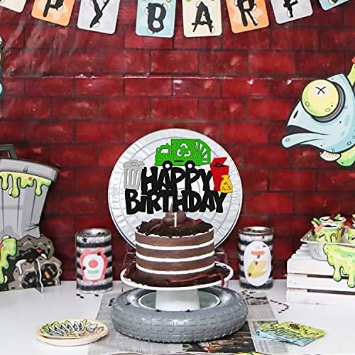 YOYMARR Garbage Truck Cake Topper Happy Birthday Sign Cake Decorations for Trash Green Recycling Truck Themed Bday Party Supplies