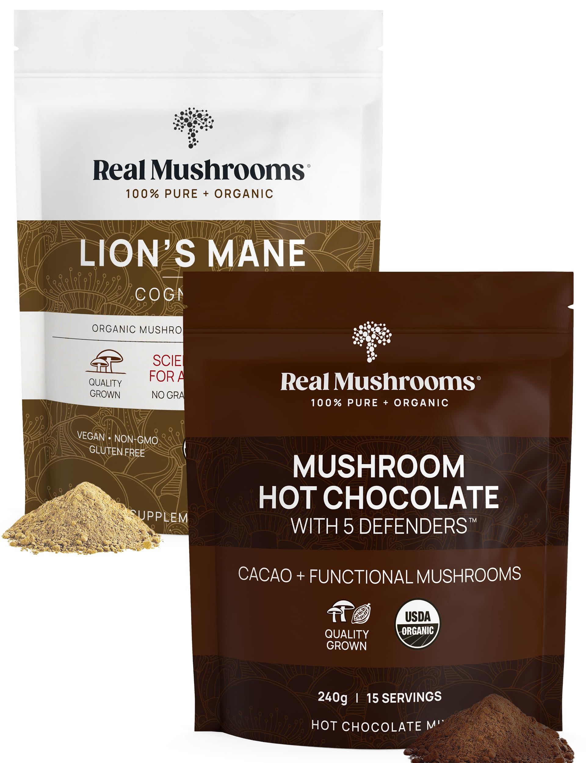 Real Mushrooms Real Mushrooms Hot Chocolate Mix (15 Servings) and Lions Mane (60 Servings) Powder Bundle - Mushroom Powder Supplement for Daily Immunity & Cognition Support - Gluten-Free, Non-GMO, Vegan