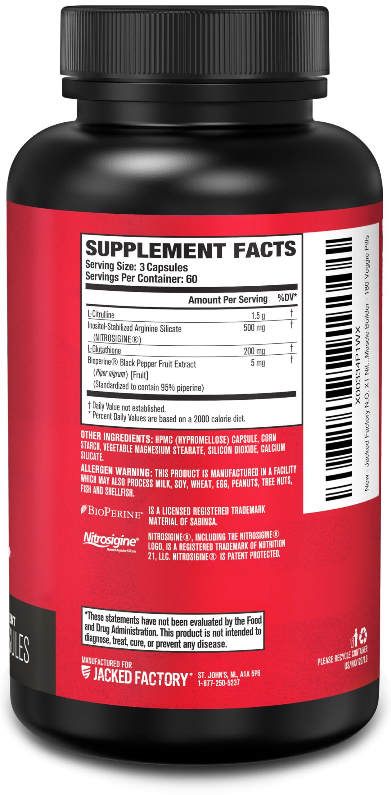 Jacked Factory Jacked Factory N.O. XT Nitric Oxide Supplements for Men w/Nitrosigine L Arginine L Citrulline Supplement for Muscle Pumps & Vascularity - Pre Workout Nitric Oxide Booster & Muscle Builder - 180 Caps