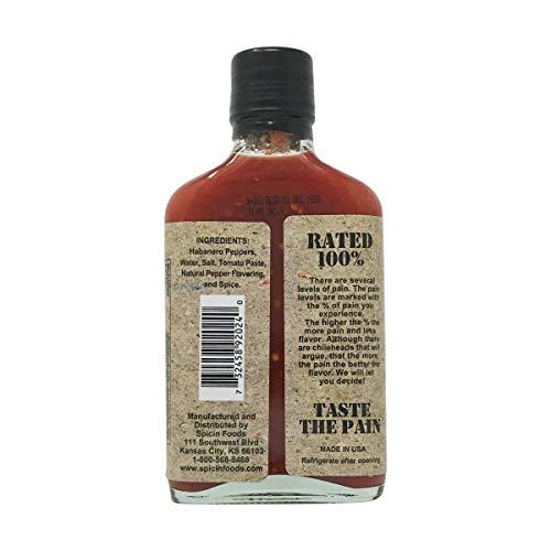Pain 100% Pain 100% - Organic Hot Sauce - 7.5oz Bottle - 250,000-1,000,000 Scovilles - Made in Kansas, USA. Made with Habanero Peppers - 100% Natural Ingredients