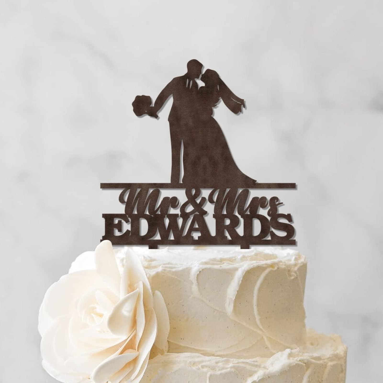 YJHLBHDIAN Engagement Cake Toppers Decorations Personalized Mr & Mrs Cake Topper Bride and Groom Silhouette Rustic Cake Topper Personalized Couple Last Name Cake Topper Brown Wood Cake Toppers