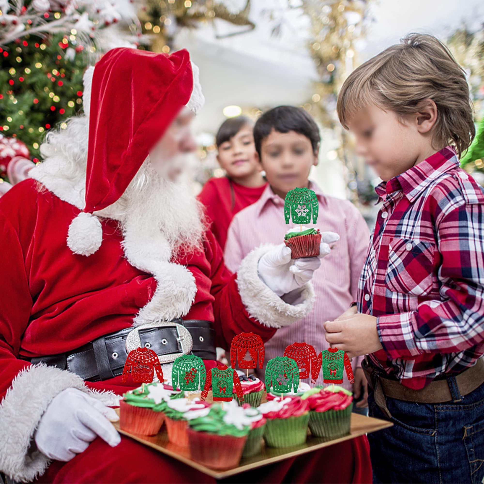 ZHUOWEISM 36 PCS Christmas Ugly Sweater Cupcake Toppers Green Red Glitter Santa Claus Gifts Christmas Tree Deer Snowflake Cupcake Picks for Merry Christmas Theme Holiday Party Cake Decorations Supplies