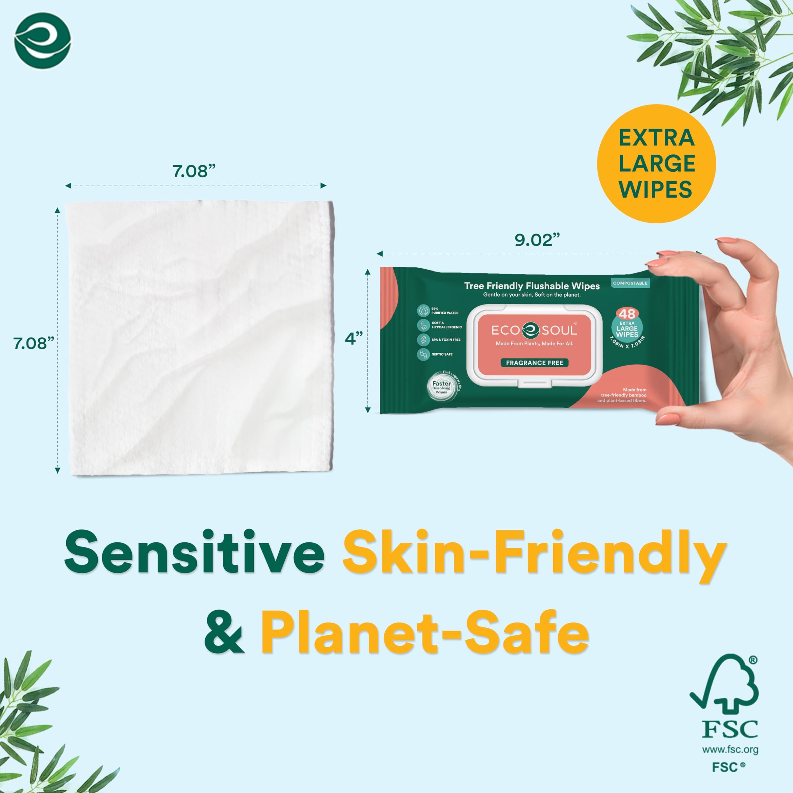 ECO SOUL ECO SOUL Bamboo Flushable Extra-Large Adult Wipes-Unscented 384 Count|8 Pack of 48|Eco-Friendly Bamboo Compostable| 99% Purified Water, Hypoallergenic,Soft Wipes, BPA & Paraben free