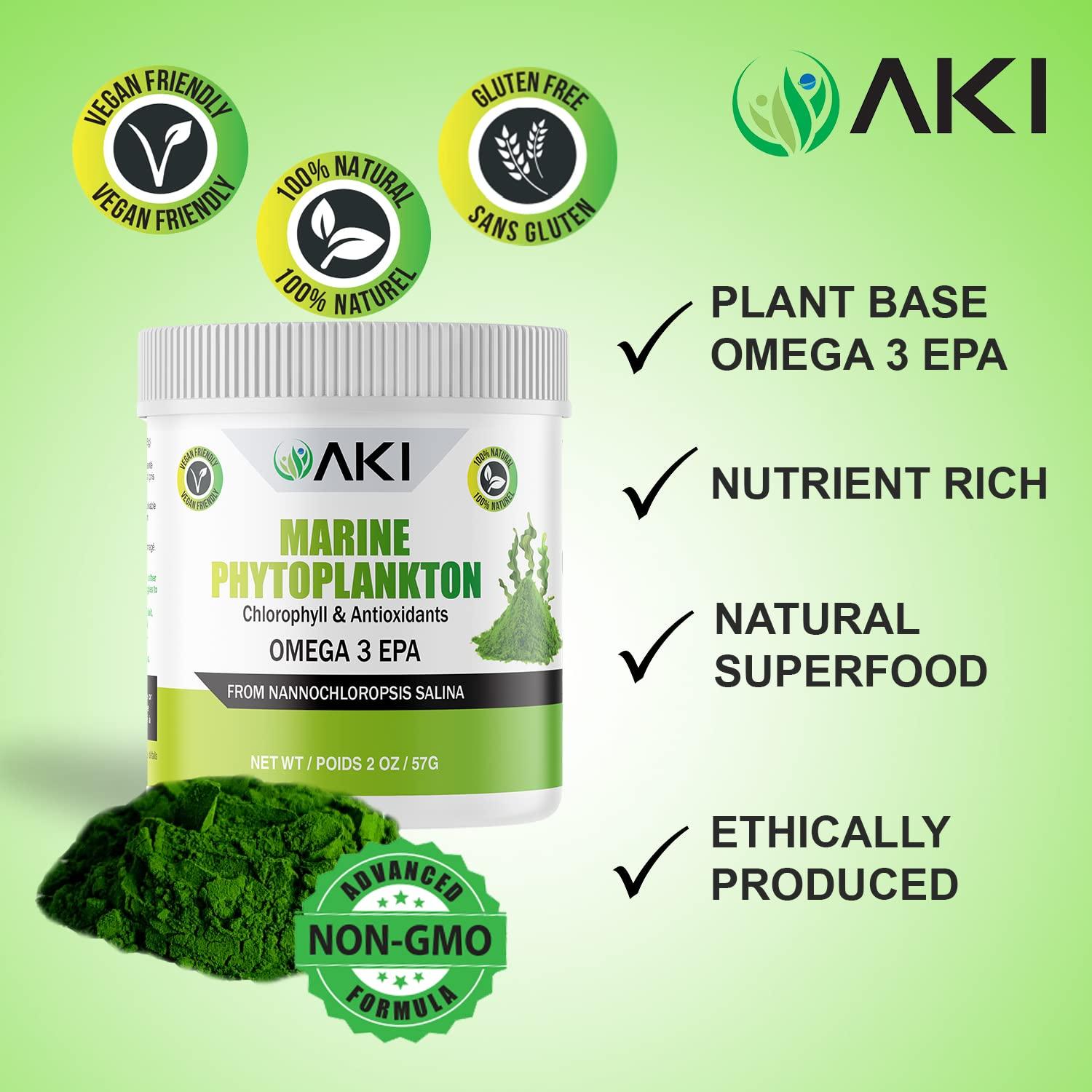 AKI ORGANIC AKI Marine Phytoplankton Powder | Source of Raw Omega-3 EPA Micro Algae Nannochloropsis - Plant Based Proteins, Vitamins for Overall Wellness | Complete Protein Source, Vegan & GMO Free (2 Oz / 57G)