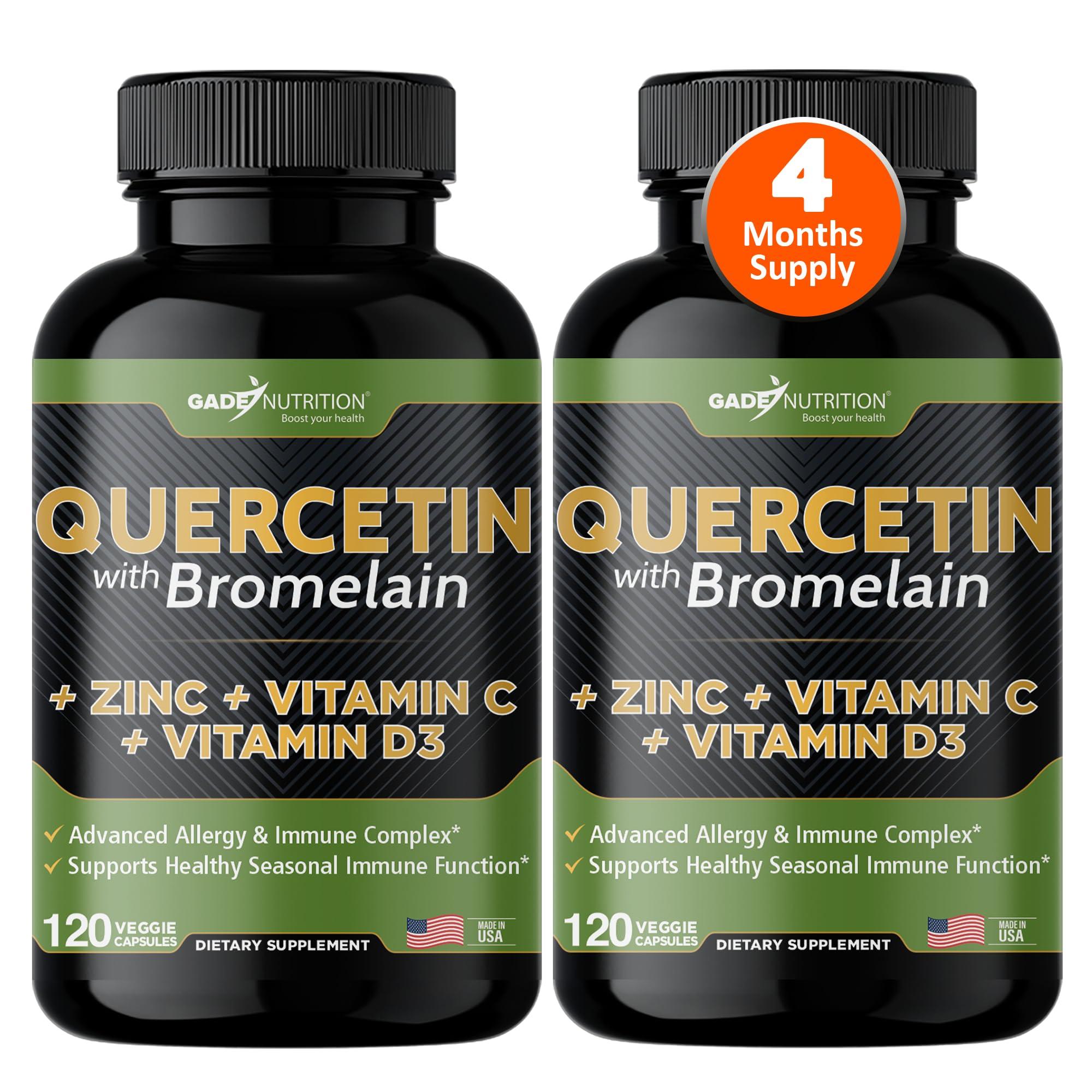 GADE NUTRITION BOOST YOUR HEALTH Quercetin with Vitamin C and Zinc - Quercetin 500mg - Quercetin with Bromelain - Zinc Quercetin - 240 Veggie Caps. Quercetin Supplements + Vitamin D3 (Non-GMO, Gluten-Free, Vegan) - 4 Month Supply