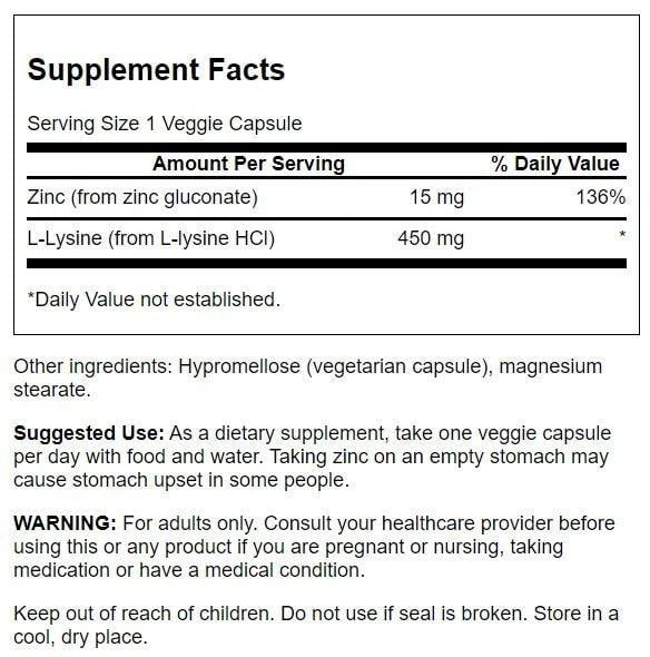 Swanson Swanson Premium Brand Zinc Gluconate \'&\' L-Lysine - 2-in-1 Formula 90 Veg Caps