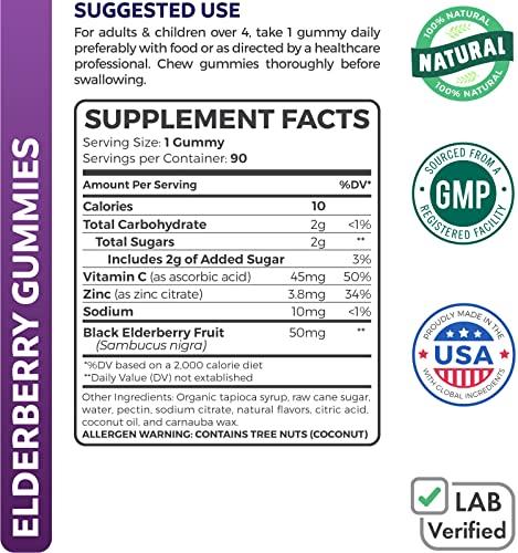 Healths Harmony Elderberry Gummies for Kids with Vitamin C & Zinc (3 Months Supply) 90 Delicious Raspberry Flavor Gummy - Immune Support Supplement for Children - Vegetarian Sambucus Elderberry Gummies (No Pills)