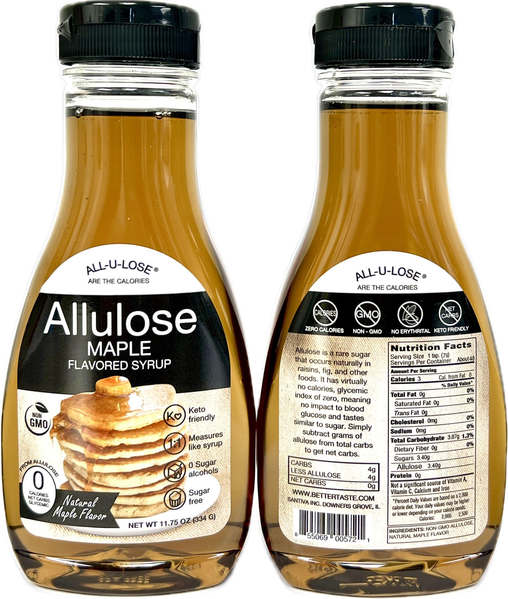 All-u-Lose BetterTaste Maple Natural Flavored Allulose Syrup, 11.75 oz, Zero Calorie, Sugar Substitute, Non-GMO, Gluten Free (11.75 oz Pack of 2-572, Maple)