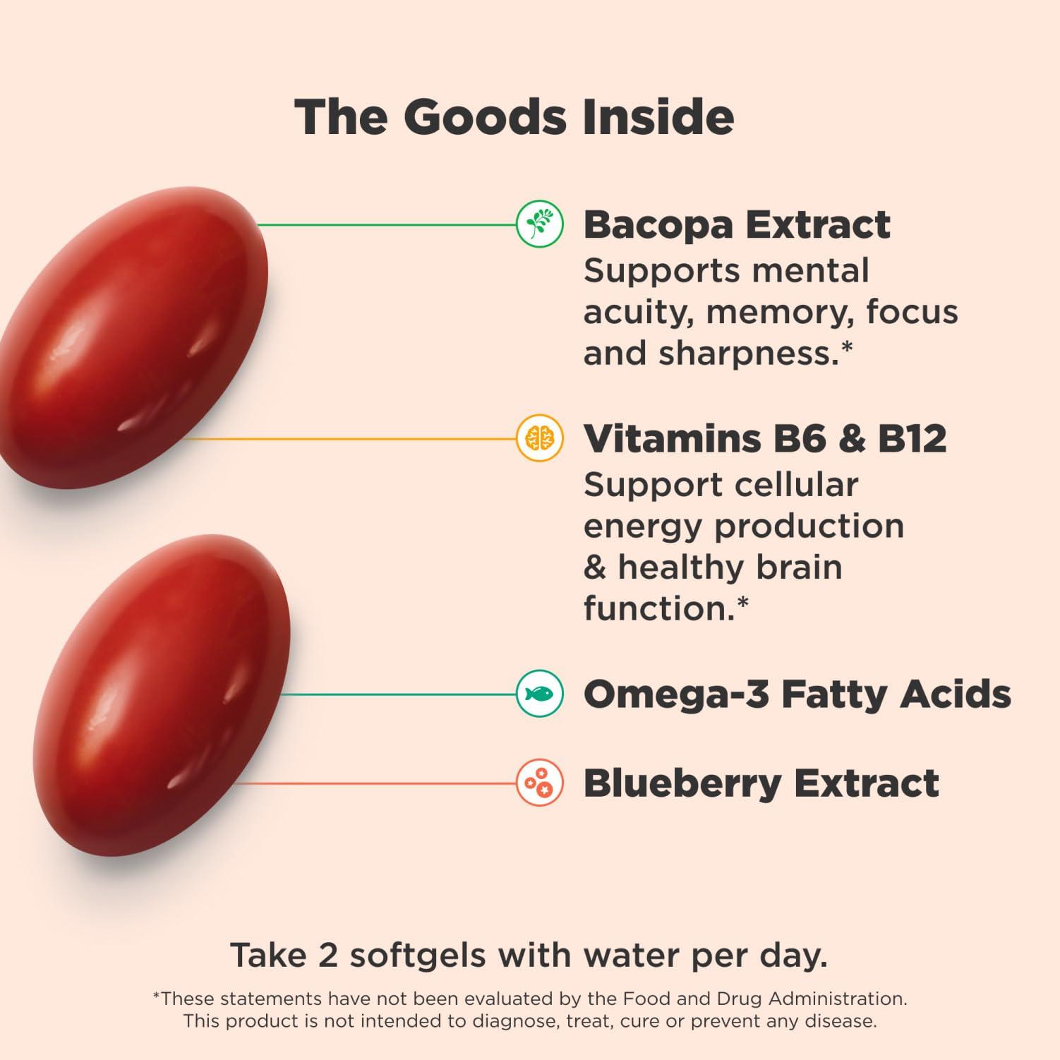 OLLY OLLY Ultra Strength Brain Softgels, Nootropic, Supports Healthy Brain Function, Memory, Focus and Concentration, Omega-3s, Vitamins B6 and B12, 30 Day Supply - 60 Count