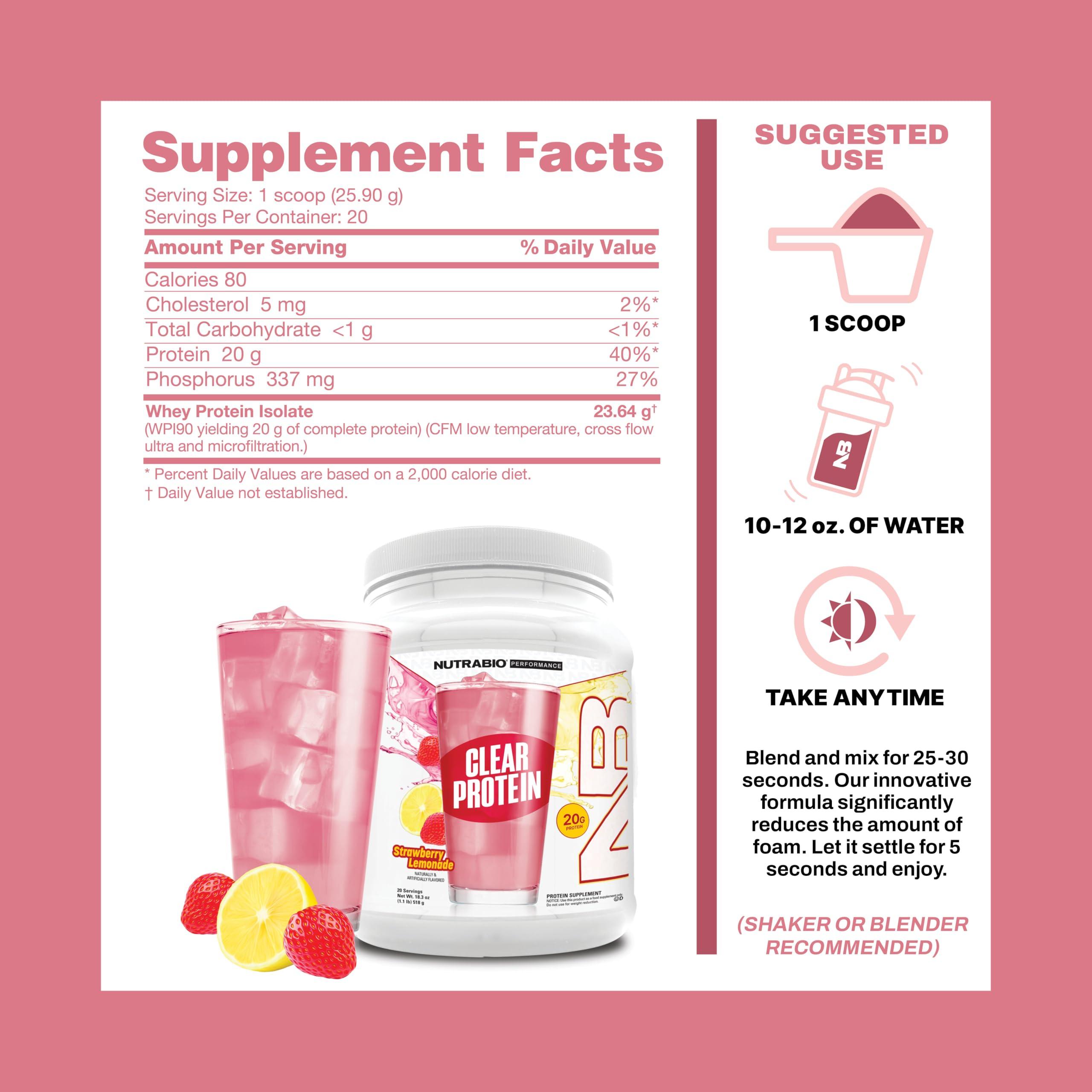 NutraBio NutraBio Clear Whey Isolate Protein Powder, Delicious & Refreshing Fruit Flavors, Protein Juice, No Milky Taste, No Foam, Zero Sugar, Strawberry Lemonade, 20 Servings