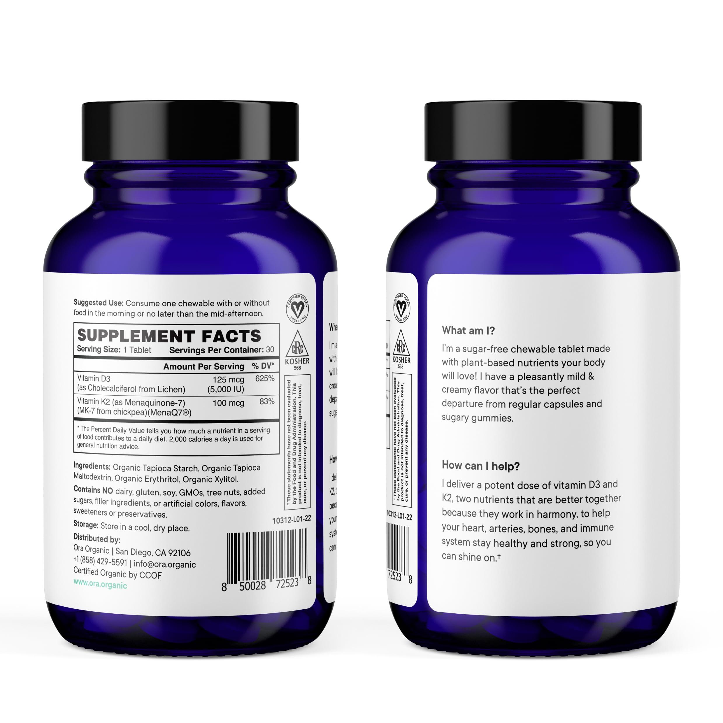 Ora Organic Ora Organic Vitamin D3 5000IU + K2 - Vegan Vitamin D from Lichen and K2 from Chickpeas for Bone Health, Immune Support, & Mood | Maximum Absorption - 1 Month Supply, 30 Chewable Tablets