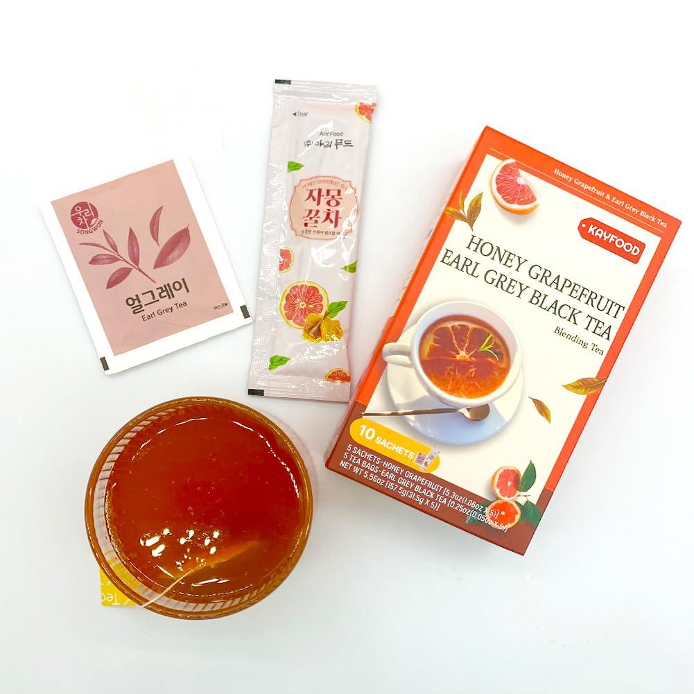KAYFOOD KAYFOOD Garden Honey Grapefruit Tea Powdered & Earl Grey Black Tea Bag Mix 10 Sticks (5.56oz), (Honey Grapefruit 5 Sticks & Early Grey Black 5 Teabags)