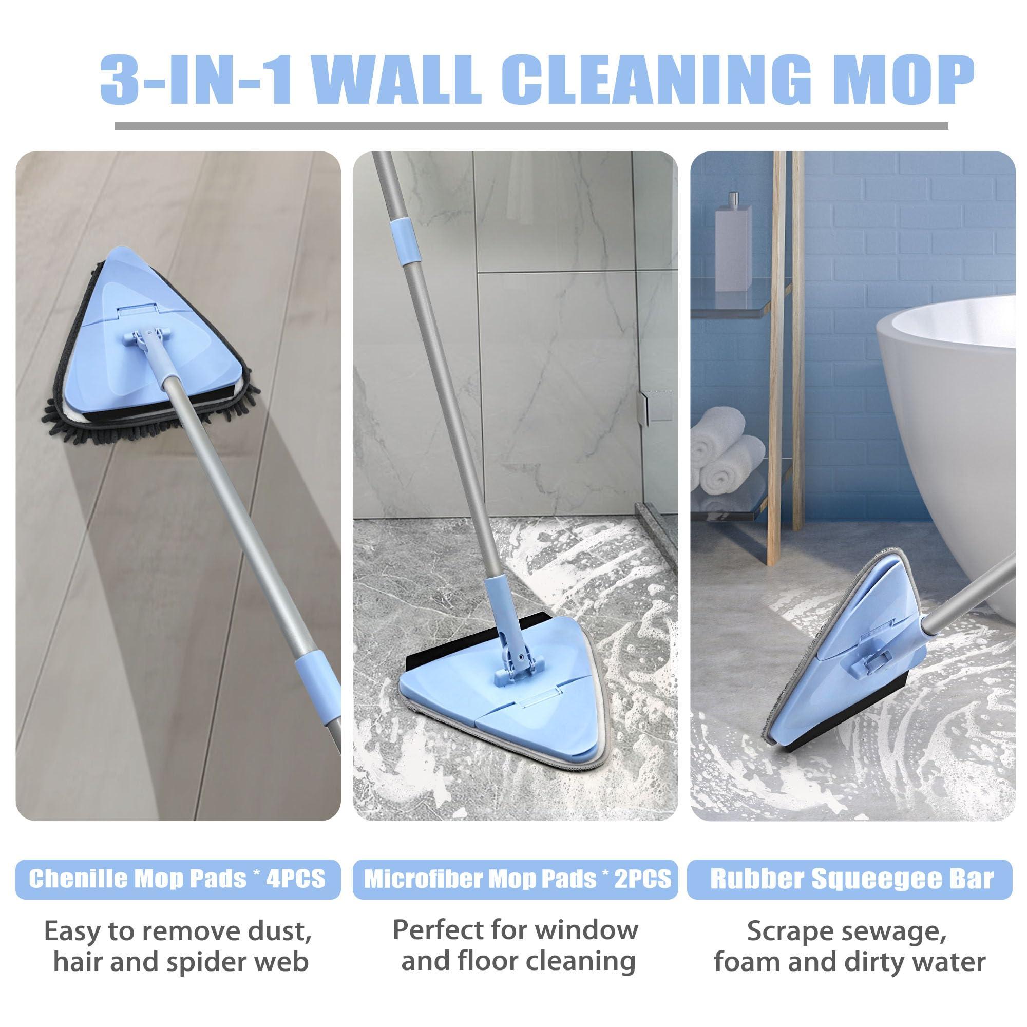 NEWE NEWE Wall Mop Cleaner with 80 Inches Long Handle, 180 Folding Ceiling Cleaning Tool with Squeegee, Triangle Baseboard Scrubber with 4 Chenille Duster and 2 Microfiber Pads for Washing Painted Walls
