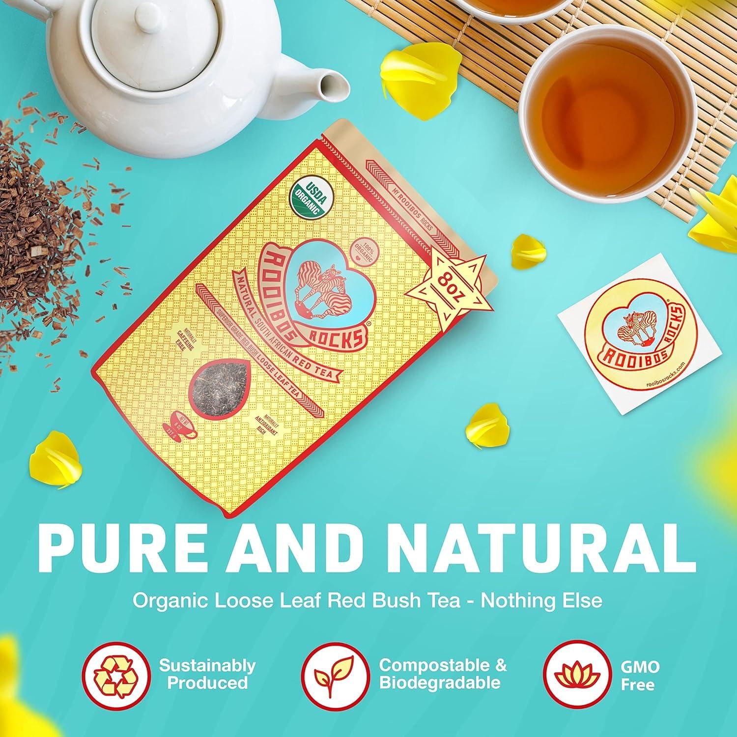 Rooibos Rocks Naturally Sweet Organic Rooibos Tea - 8 oz Premium Loose Leaf Rooibos Tea Caffeine-Free and Sugar Free Red Rooibos Tea Organic Low-Tannin and Antioxidant-Rich Rooibos Tea Loose Leaf