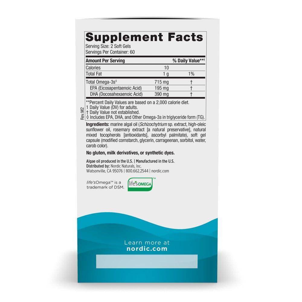 Nordic Naturals Nordic Naturals Algae Omega - 120 Soft Gels - 715 mg Omega-3 - Certified Vegan Algae Oil - Plant-Based EPA & DHA - Heart, Eye, Immune & Brain Health - Non-GMO - 60 Servings