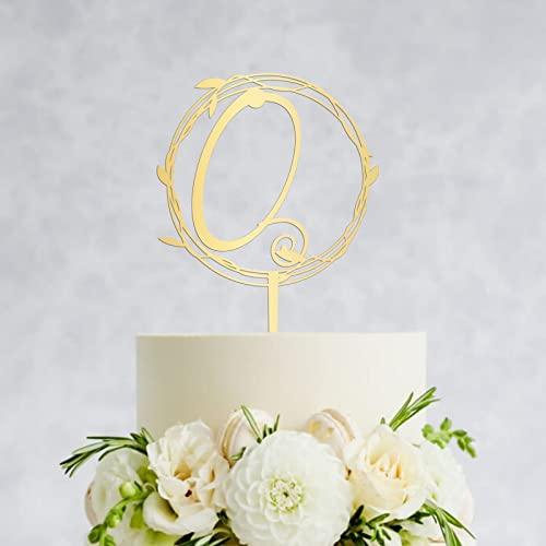 Vinisong Vinisong Initial Letter Q Cake Topper Gold Acrylic Cake Toppers Cake Decorations for Children or Adults Personalized Wreath Cake Topper for Birthday Wedding Anniversary Keepsake Party Decor
