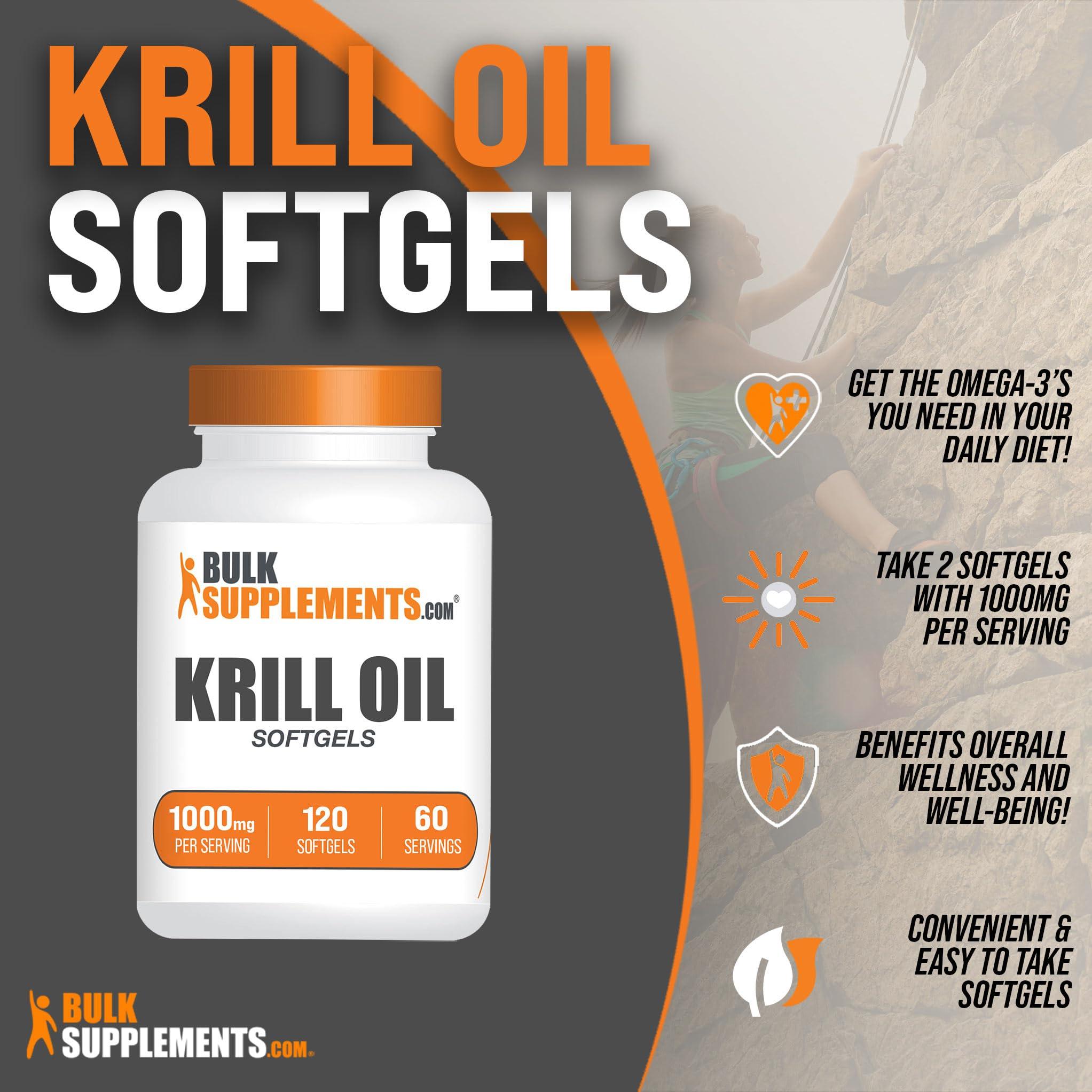 BULKSUPPLEMENTS.COM BulkSupplements.com Krill Oil 1000mg Softgels - Krill Oil Supplement, Antarctic Krill Oil, DHA Supplements - Krill Oil Omega 3, 2 Krill Oil Softgels per Serving (1000mg), 120 Softgels
