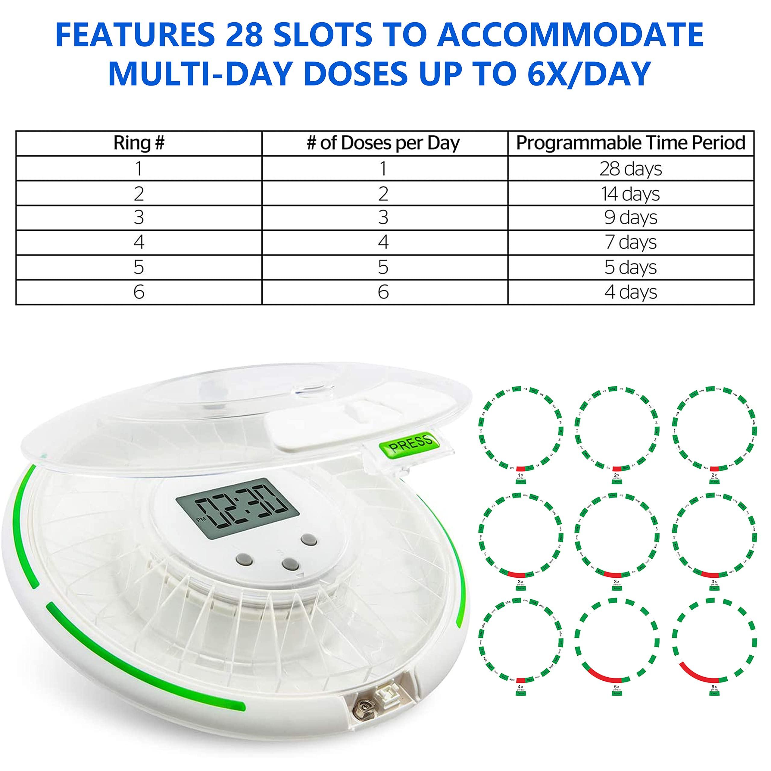 EziLife EZILIFE Automatic Pill Dispenser with Flashing Light, Sound, Alarm and Safety Lock, 28-Day Electronic Medication Organizer Dispense Vitamins and Tablets Up 6 Times/Day Easy Read Display (Frosted)