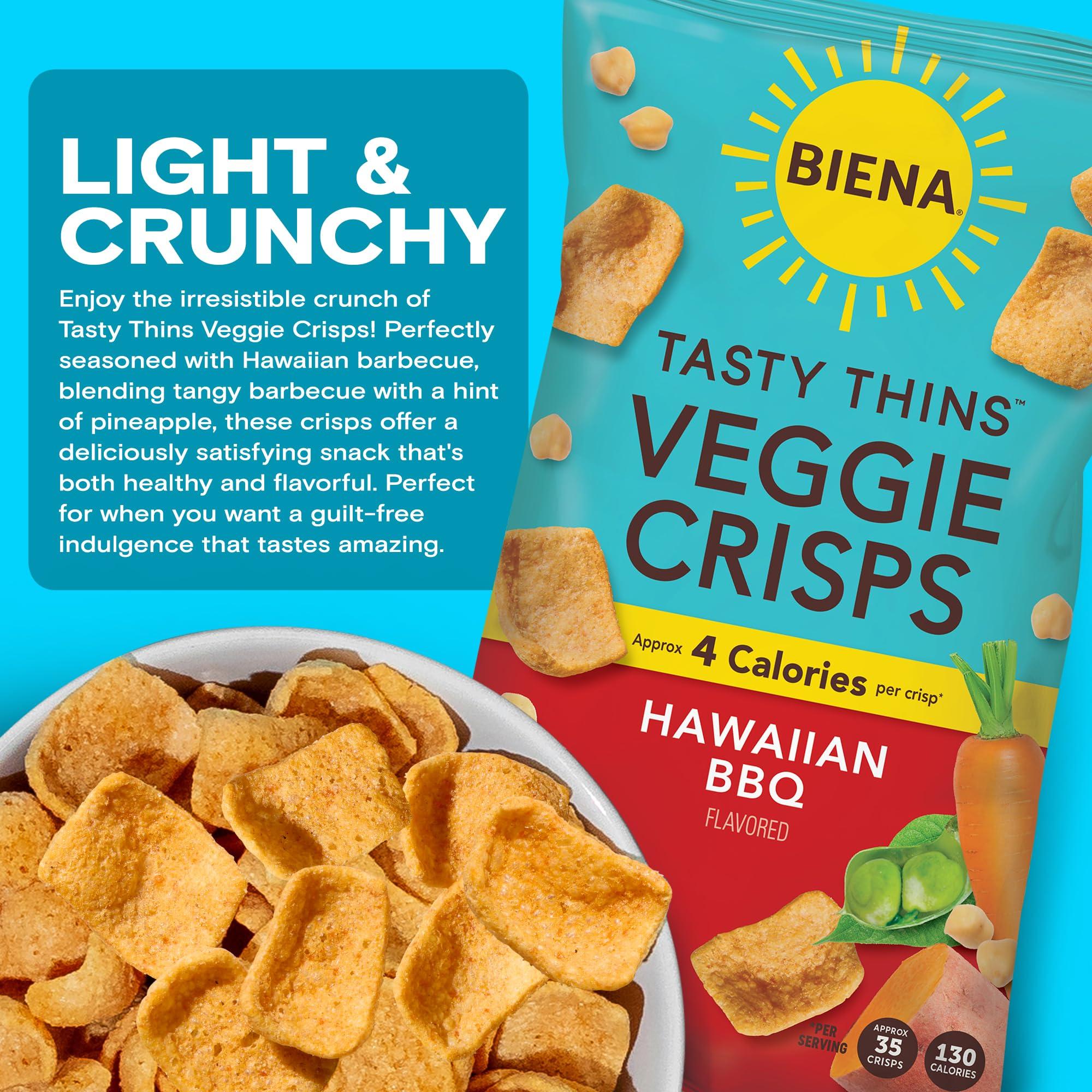 BIENA BIENA Tasty Thins Veggie Crisps - Low Calorie Veggie Chips for Adults and Kids - Individual Pack, 4 Ounce Bags - Hawaiian BBQ