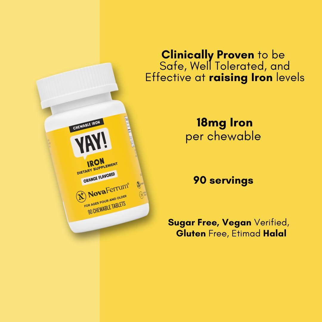 NovaFerrum NovaFerrum Yay | Chewable Iron Supplement for Kids & Adults for Anemia | 18mg of Iron | 90 Servings | Sugar Free | Vegan | Gluten Free | Orange Flavor
