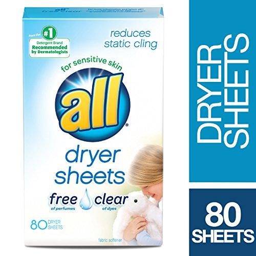 all all Fabric Softener Dryer Sheets for Sensitive Skin, Free Clear, 80 Count