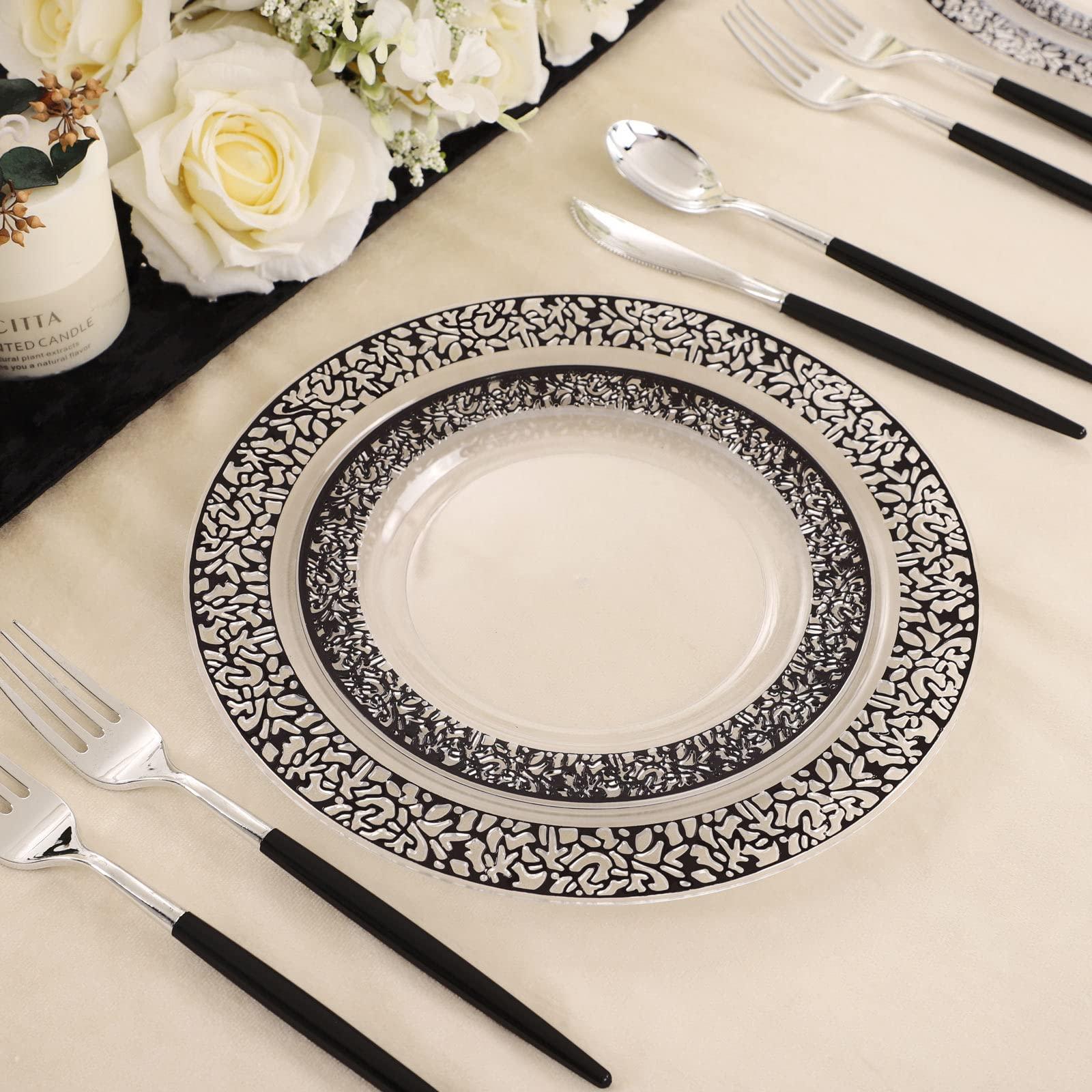 U-QE U-QE 100pcs Clear and Black Plastic Plates - Black Plates Disposable for Party - Black Disposable Plates for Premium Party Supplies Including 50 Dinner Plates 10.25 \'\' &50 Dessert Plates 7.5 \'\'