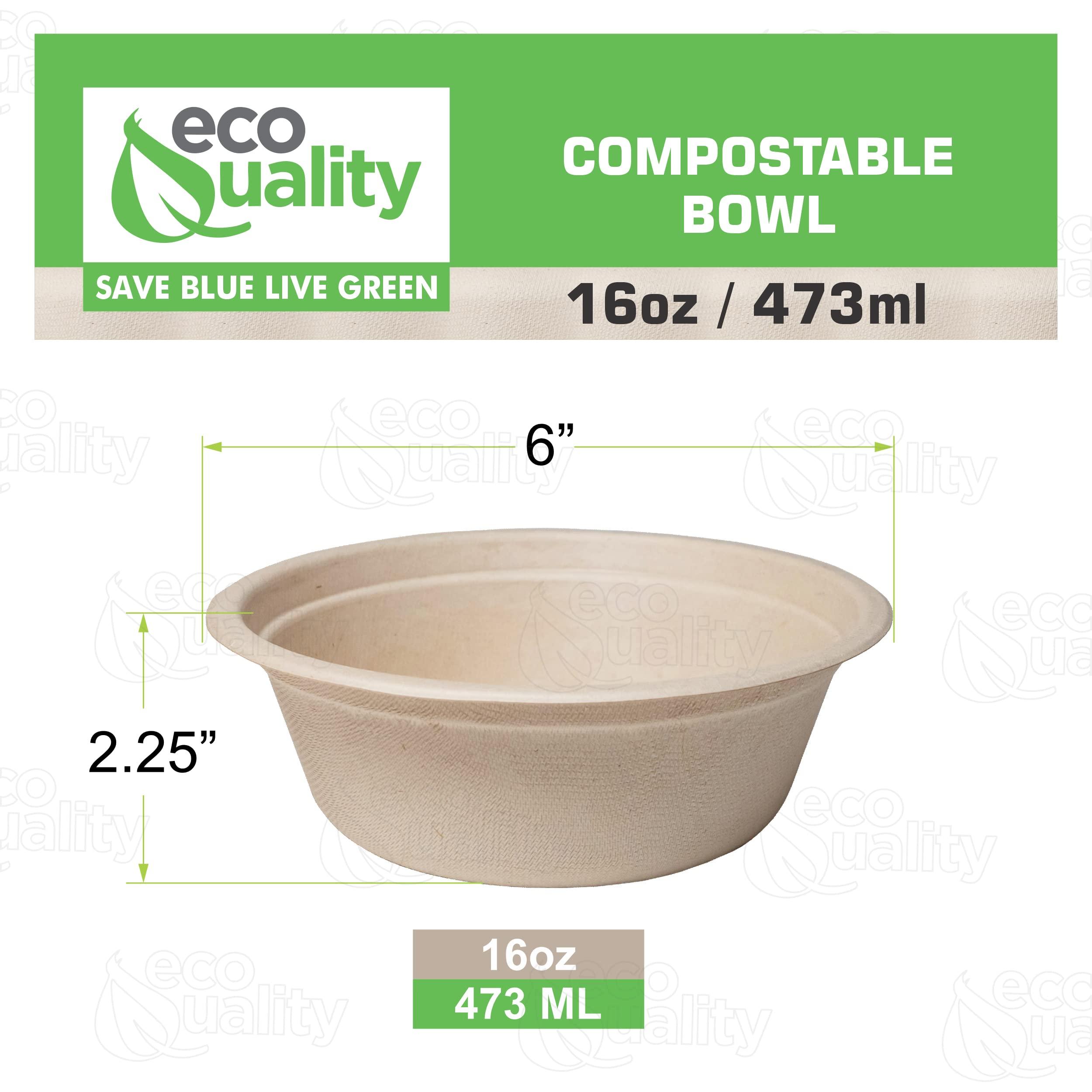 EcoQuality [300 Pack] 16 oz Compostable Paper Bowls Heavy-Duty Disposable Bowls, Eco-Friendly Natural Bagasse Unbleached, Hot or Cold Use, 100% Biodegradable Soup Bowls Sugarcane