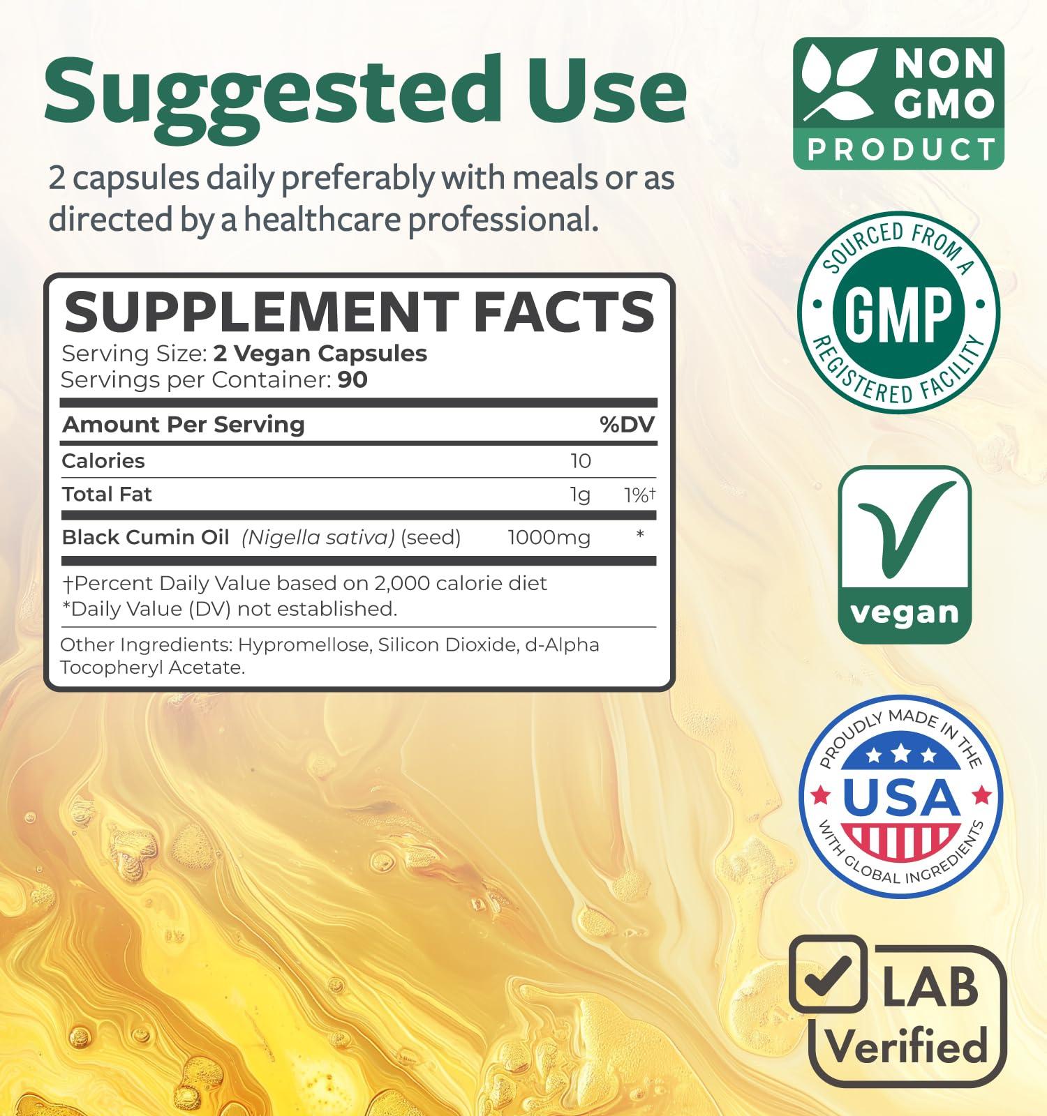 Healths Harmony Black Seed Oil - 180 Softgel Capsules (Non-GMO & Vegan) Premium Cold-Pressed Nigella Sativa Producing Pure Black Cumin Seed Oil with Vitamin E - 500mg Each, 1000mg Per 2 Capsule Serving