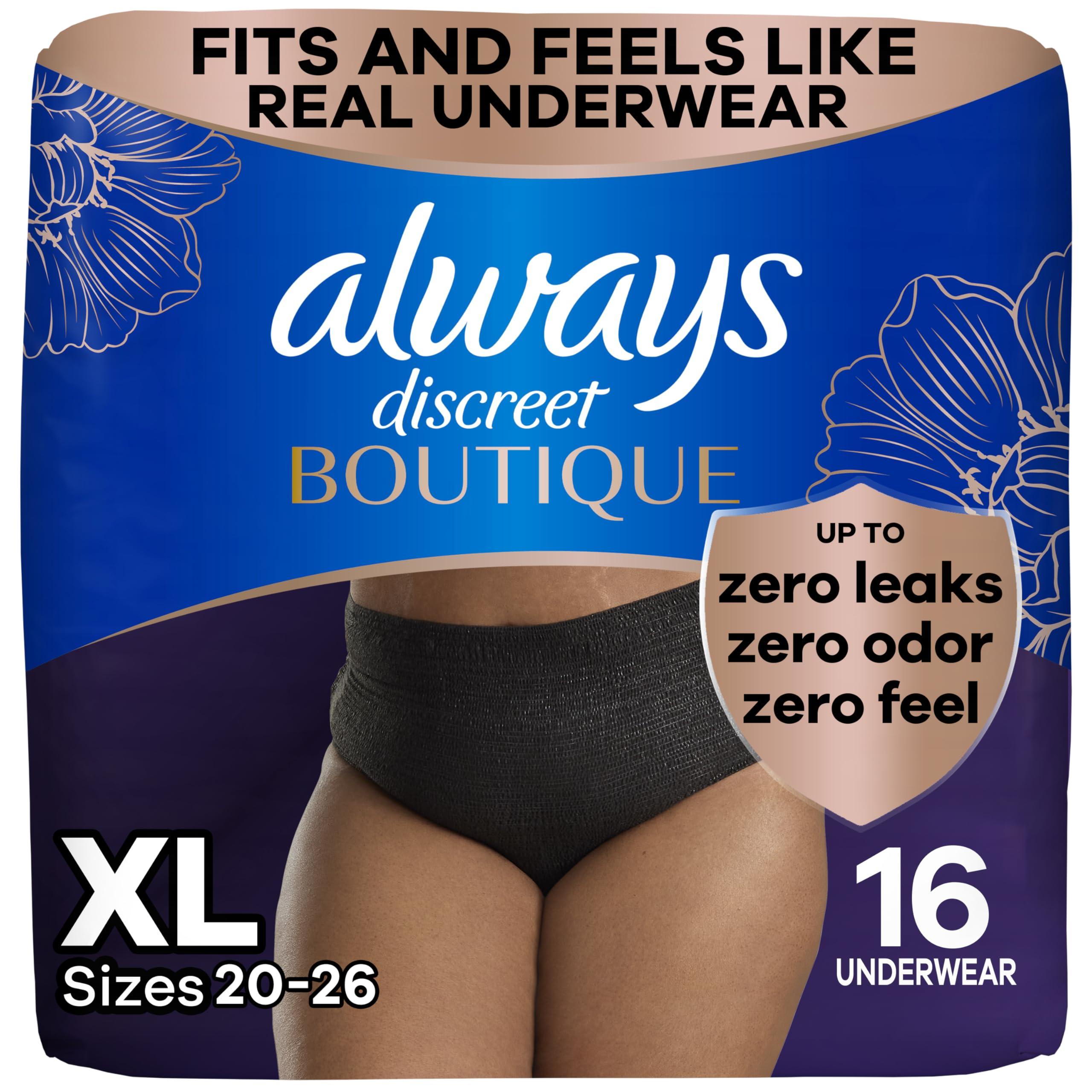 Always Discreet Always Discreet Boutique Incontinence and Postpartum Underwear for Women, Maximum Protection, XL, Black, 16 Count