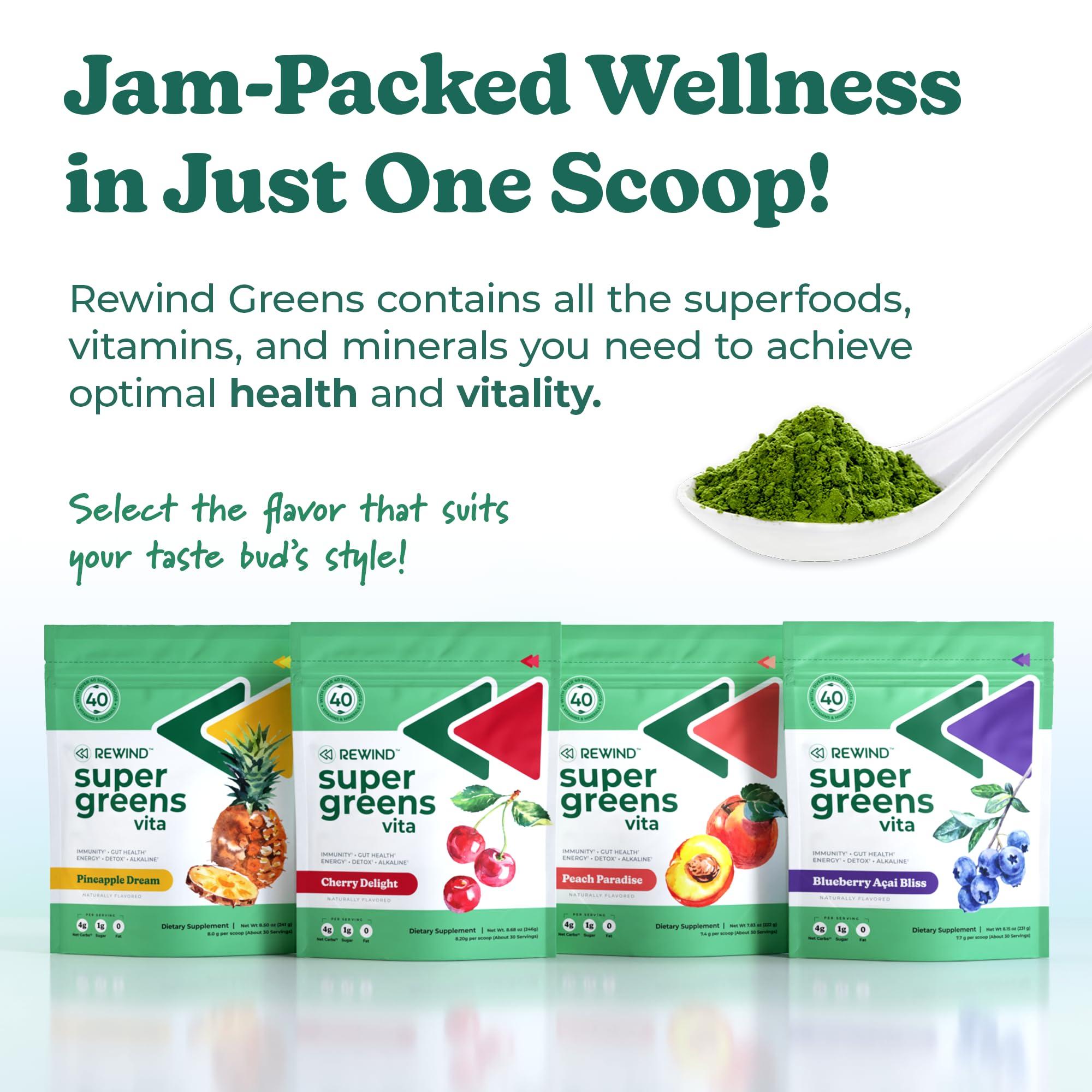 Rewind Rewind Greens - Super Greens Powder - Delicious Green Juice Drink Mix with Amazing Flavor - Over 40 Superfoods - Vitamin B12, Zinc, Vitamin C, Magnesium, and Calcium - Pineapple Dream