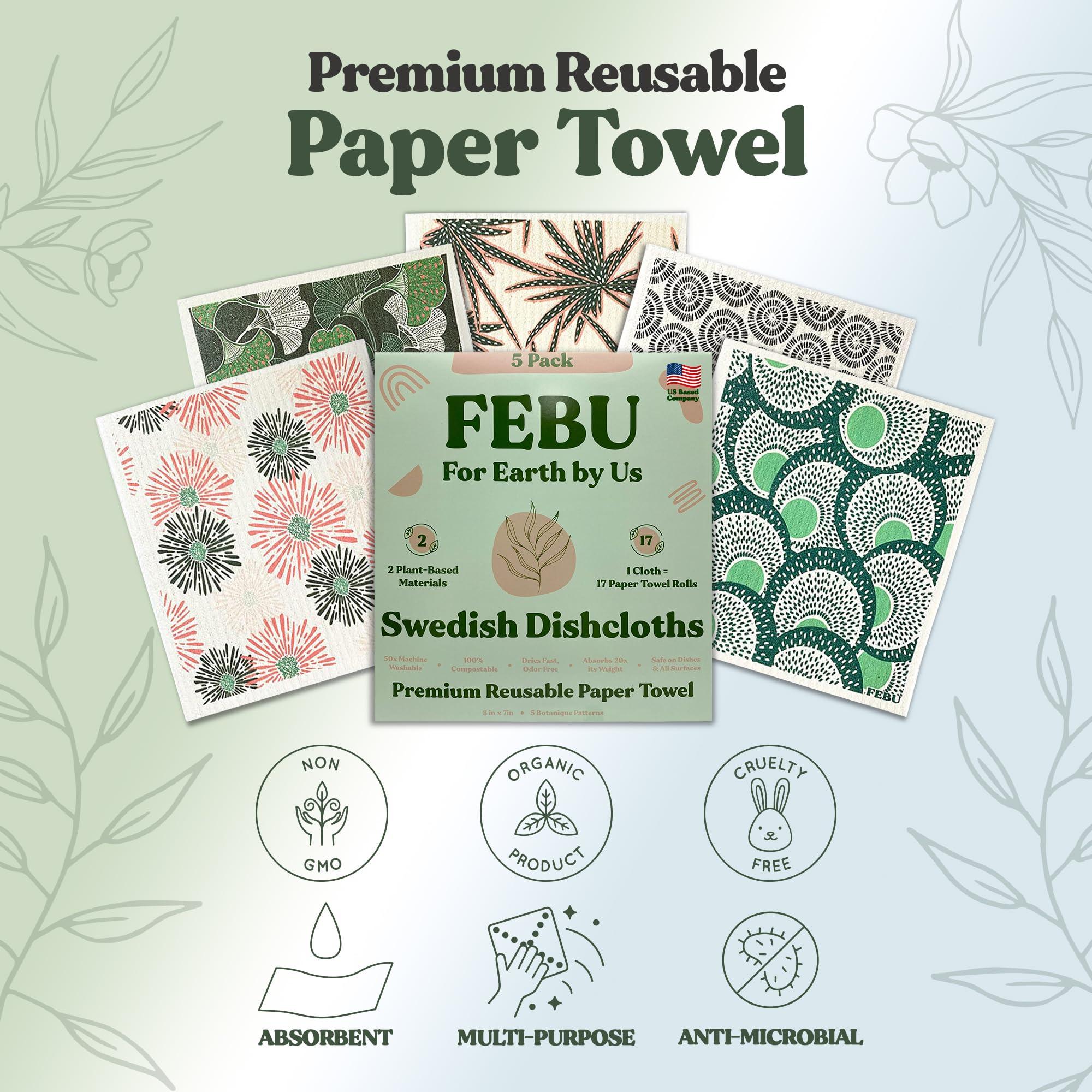 FEBU FEBU Swedish Dishcloths for Kitchen | 5 Pack Botanique Reusable Paper Towels Washable | Swedish Dish Towels | Non-Scratch Cellulose Sponge Cloths | No Odor, Biodegradable Cleaning Cloths