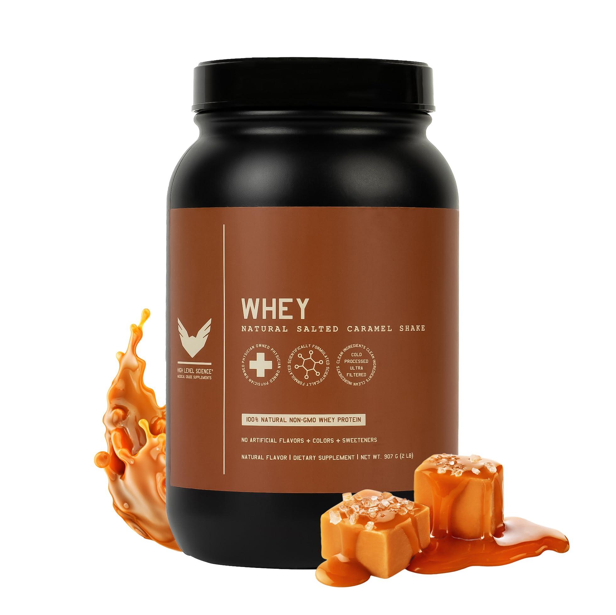 High Level High Level Whey Protein Powder - Natural, 24g Protein, 2 lb, Salted Caramel Shake Sweetened with Stevia, Ultra-Filtered, Non-GMO, Includes Digestive Enzymes, No Artificial Additives, Made in USA