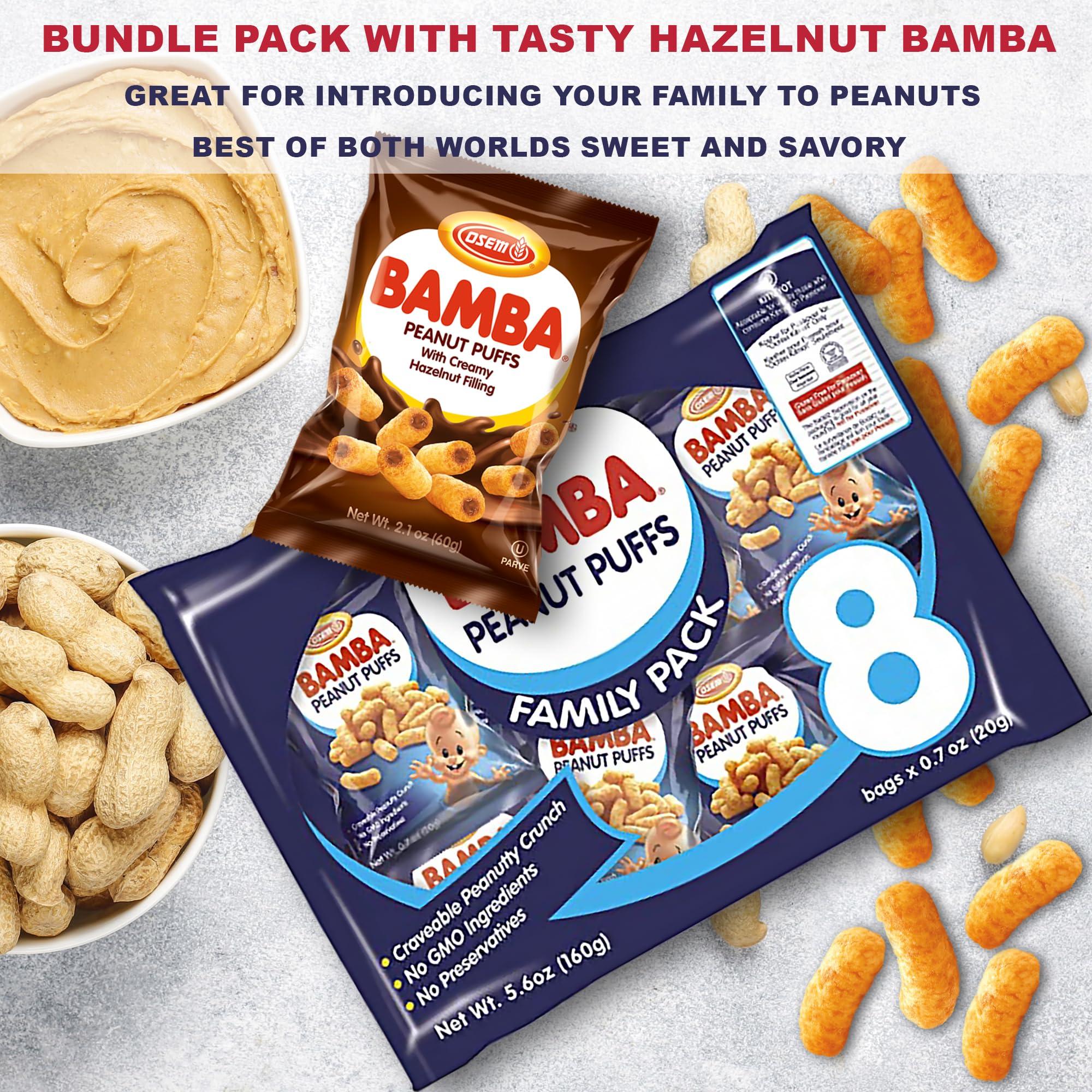 Osem Bamba Peanut Butter Puffs (Original and Hazelnut Bundle) All Natural Peanut Puffs Family pack + 1 2.1oz Bag of Hazelnut Bamba