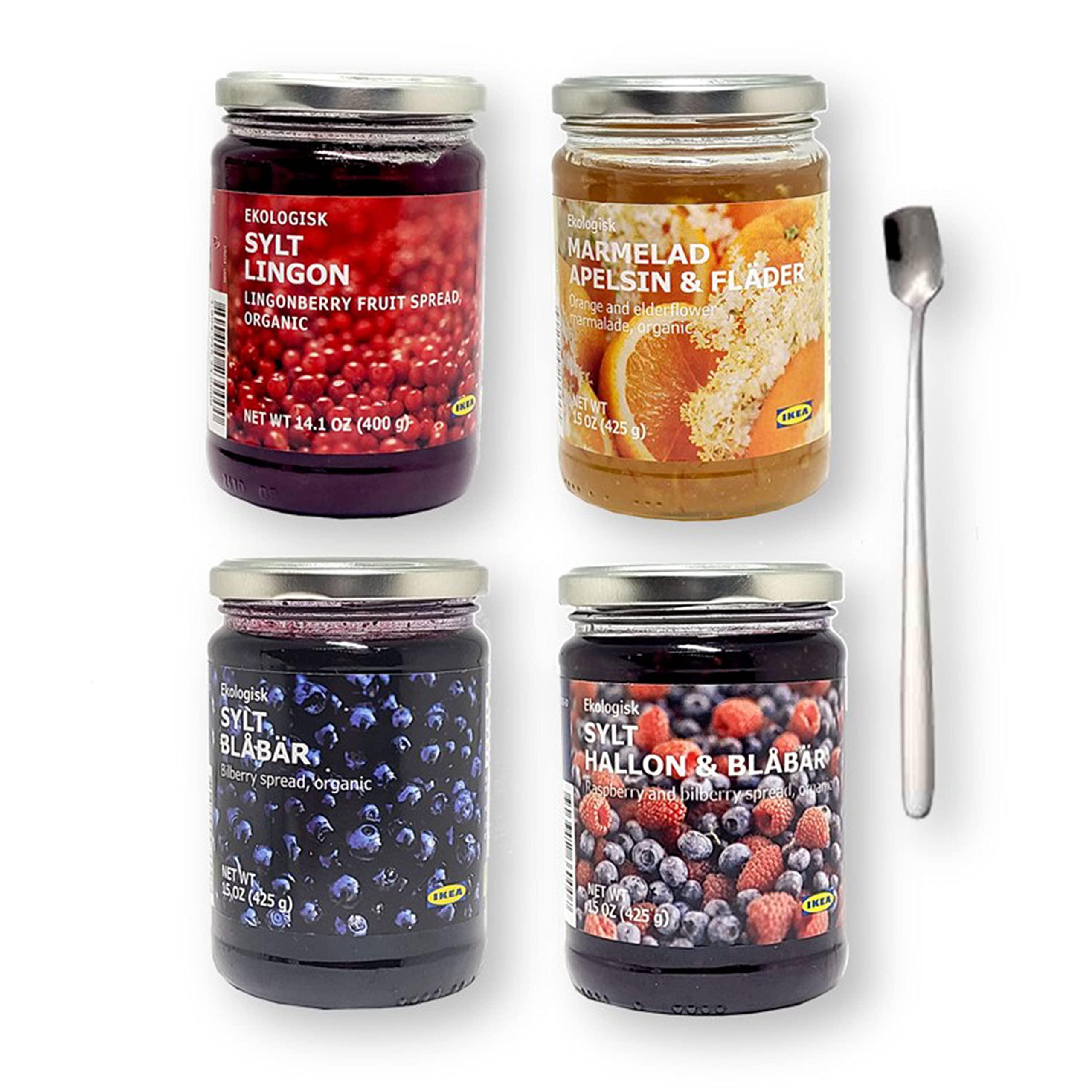 Tasty Kitchen Tasty Kitchen IKEA Organic Preserves 4-Pack Bundle - Total 4 Flavors - SYLT LINGON Lingonberry, Blueberry, Raspberry & Blueberry Jam & Orange & Elderflower Marmalade (15 oz) with Bonus Spreader Spoon