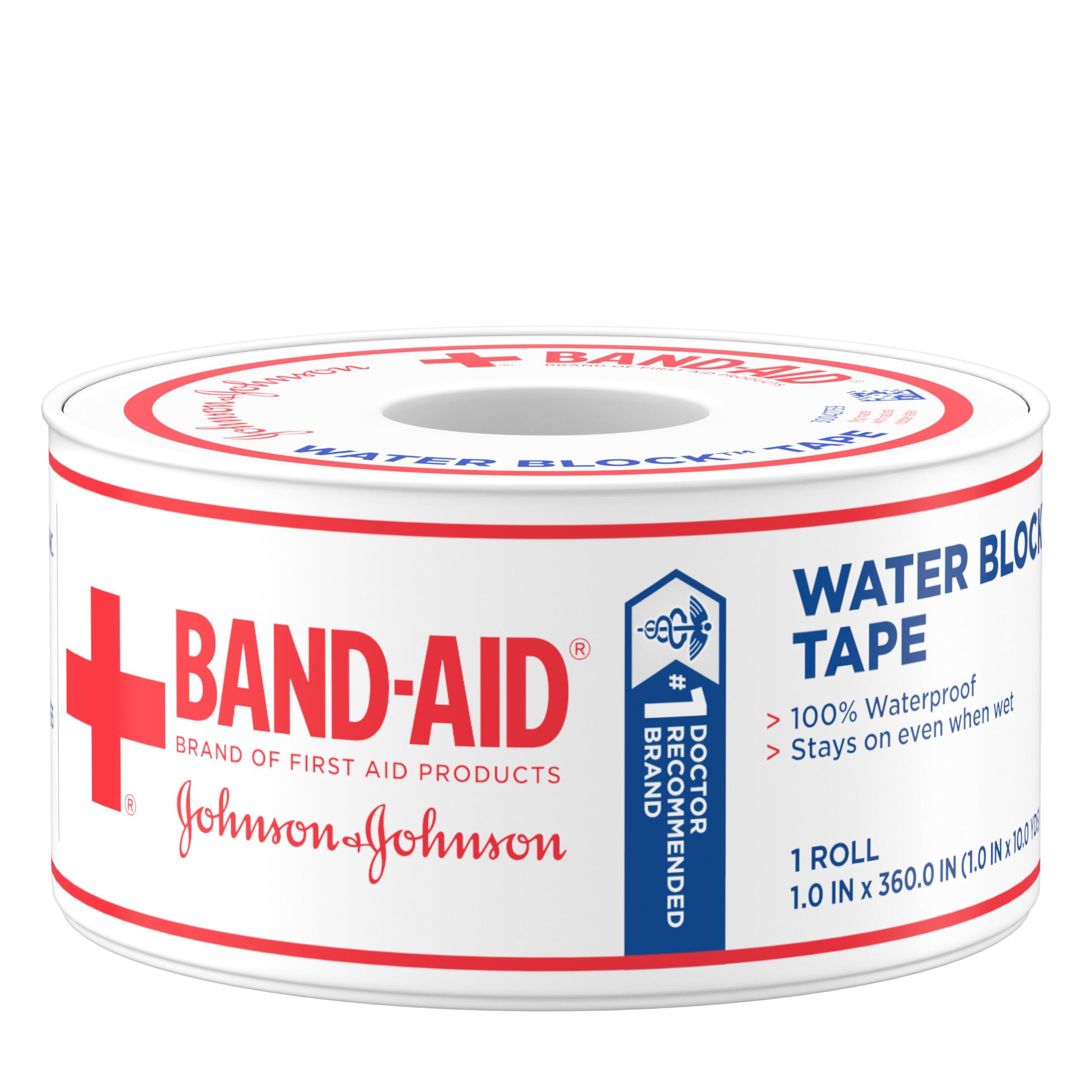 Band-Aid Band-Aid Brand First Aid Water Block 100% Waterproof Self-Adhesive Tape Roll for Durable Wound Care to Firmly Secure Bandages, 1 in by 10 yd