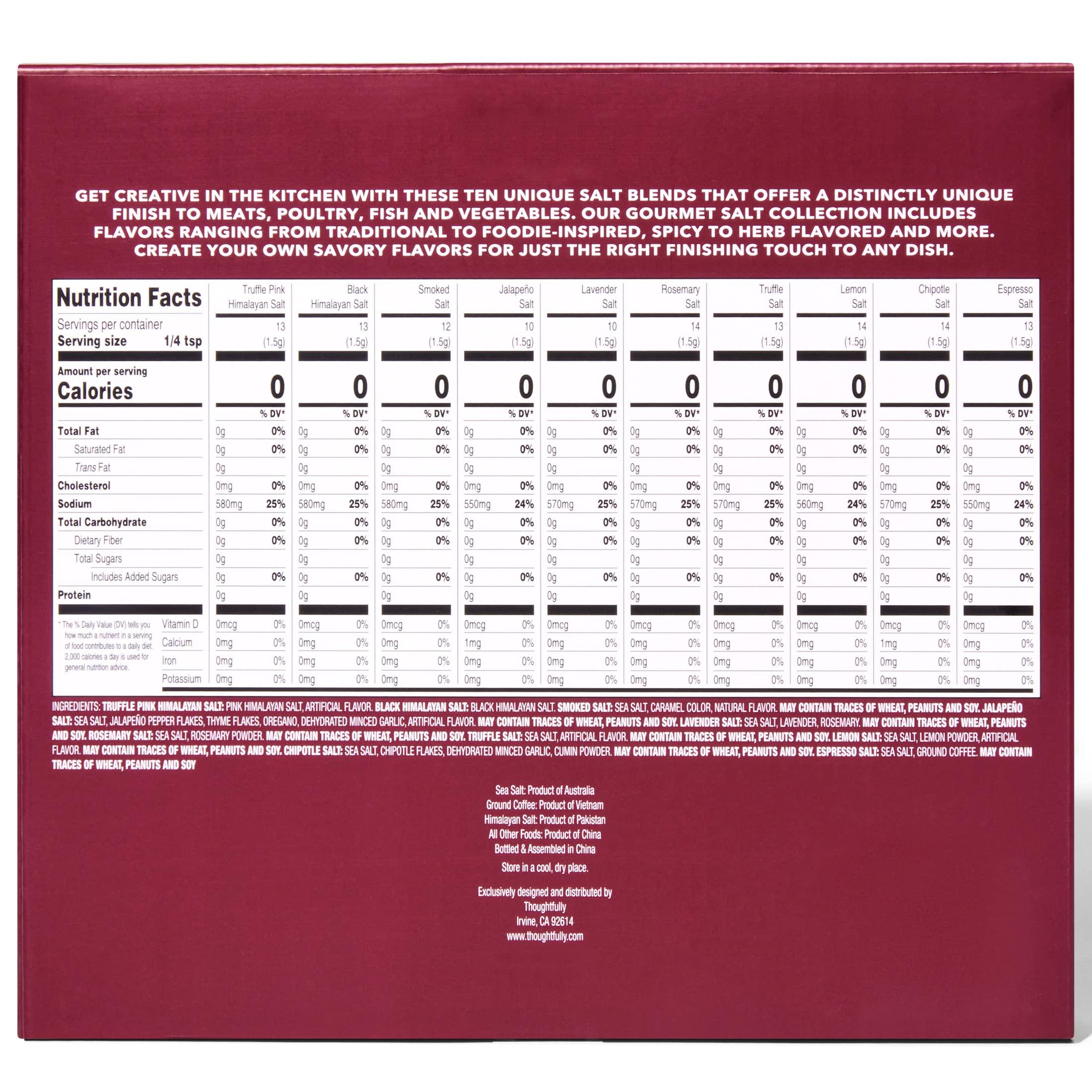 Thoughtfully Thoughtfully Gourmet, Gourmet Cooking Salt Sampler Gift Set, Gourmet Seasoning Salts In Glass Bottles, Flavors Include Smoked, Lavender, Rosemary, Truffle, Lemon, Chipotle and More, Set of 10