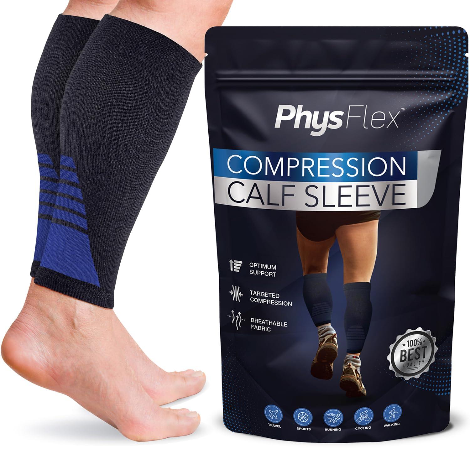 PhysFlex Calf Compression Sleeves for Men and Women - (1 Pair) Footless Compression Socks Support for Varicose Vein, Nursing, Pregnancy, Running - PhysFlex Leg Sleeve Brace for Shin Splints, Pain Relief and