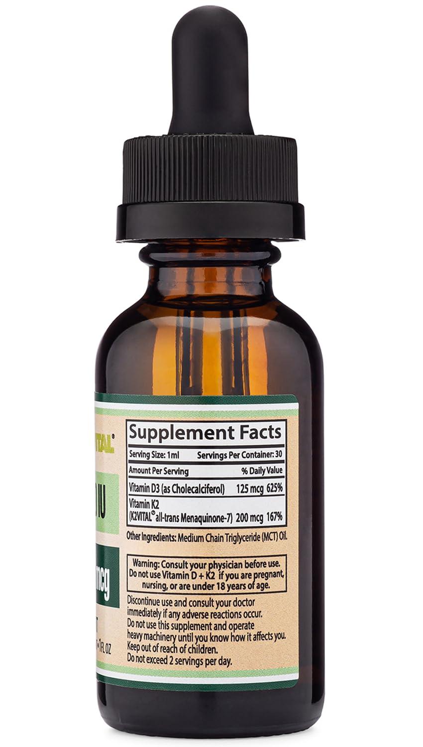Double Wood Supplements Vitamin D3 K2 5,000 IU Liquid Drops (5,000 IU of D3 and 200mcg of 99.9% All-Trans Patented K2 MK-7 (K2Vital)) Max Absorption Liquid Vitamin D Drops (30 Servings) by Double Wood