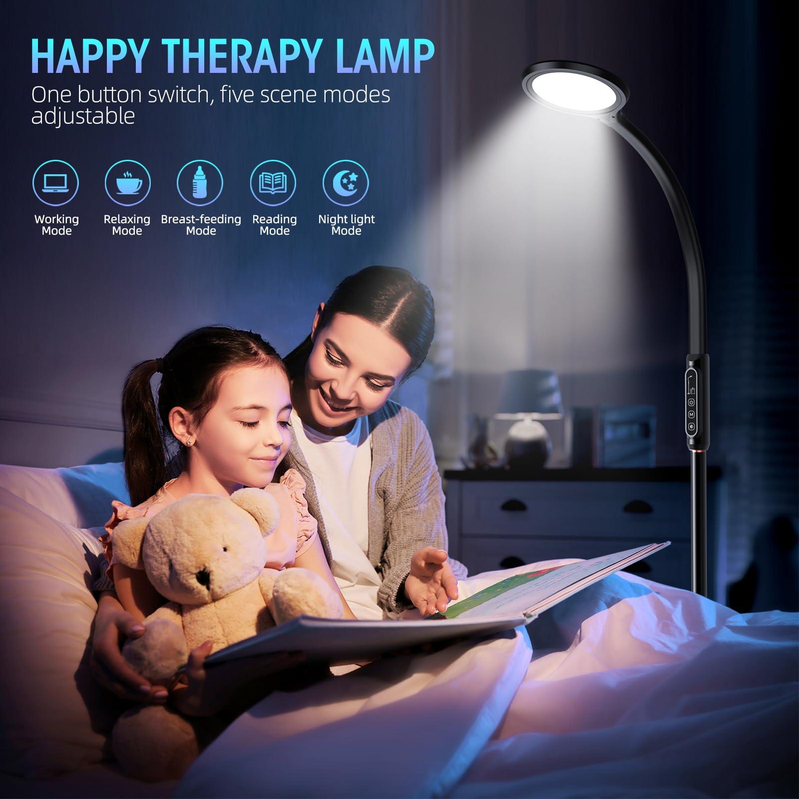 FBBJFF Happy Light Therapy lamp 11000 Lux,LED UV-Free Sunlight lamp,Full Spectrum Happy Therapy lamp with 10 Adjustable Brightness Levels,2 in 1 Retractable Floor Sad Lamp (Black)