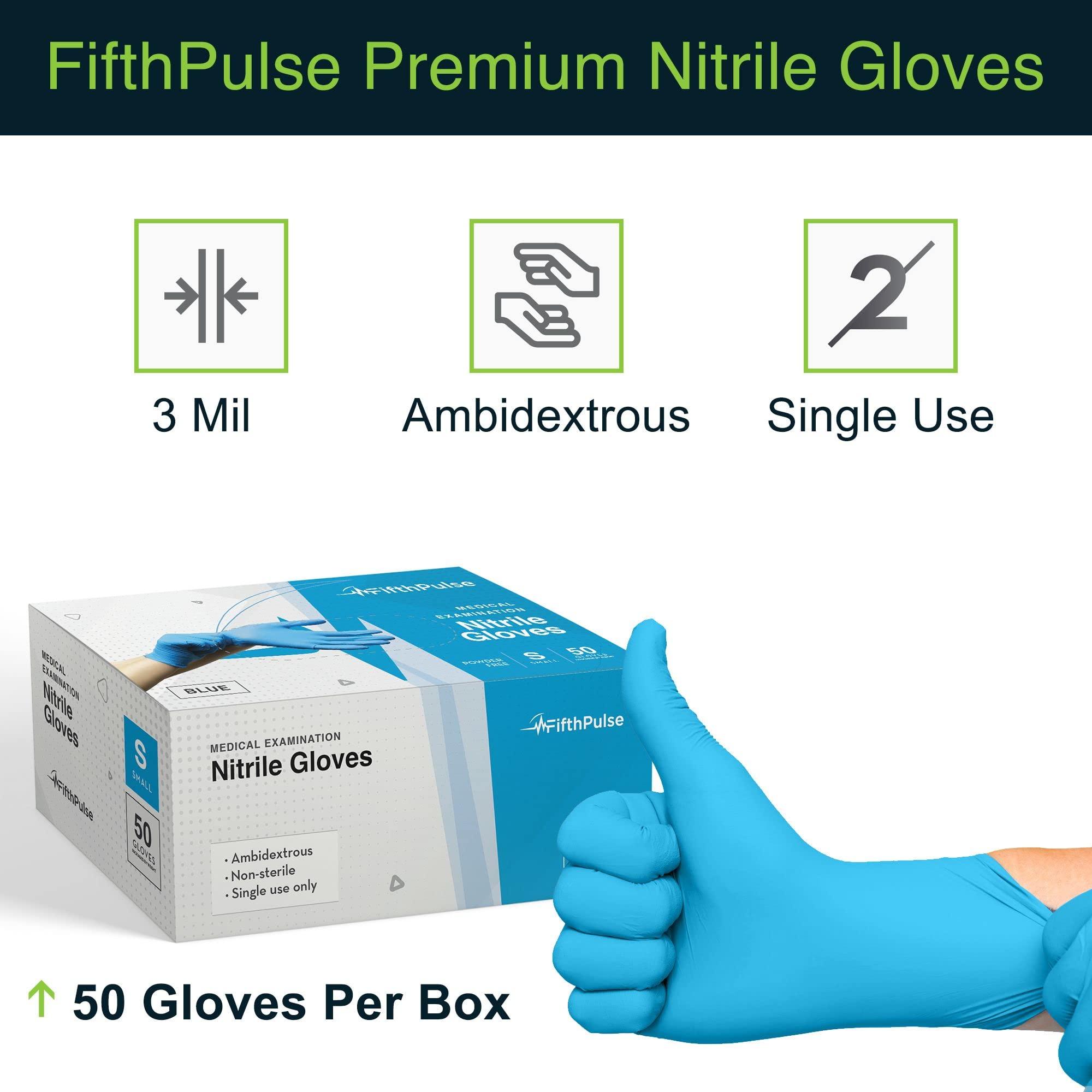 FifthPulse Blue Gloves Disposable Latex Free Small, 50 Count - Medical and Dental Grade Surgical Gloves - Powder Free Nitrile Gloves Small - 3 Mil Thickness