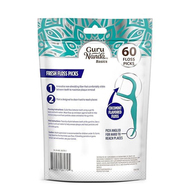 GuruNanda GuruNanda Fresh Floss Dental Picks - Non- Shred Thread with Angled Pick for Effective Plaque Removal - Dentist Recommened - Travel Friendly for Adults & Kids - 60 Pack