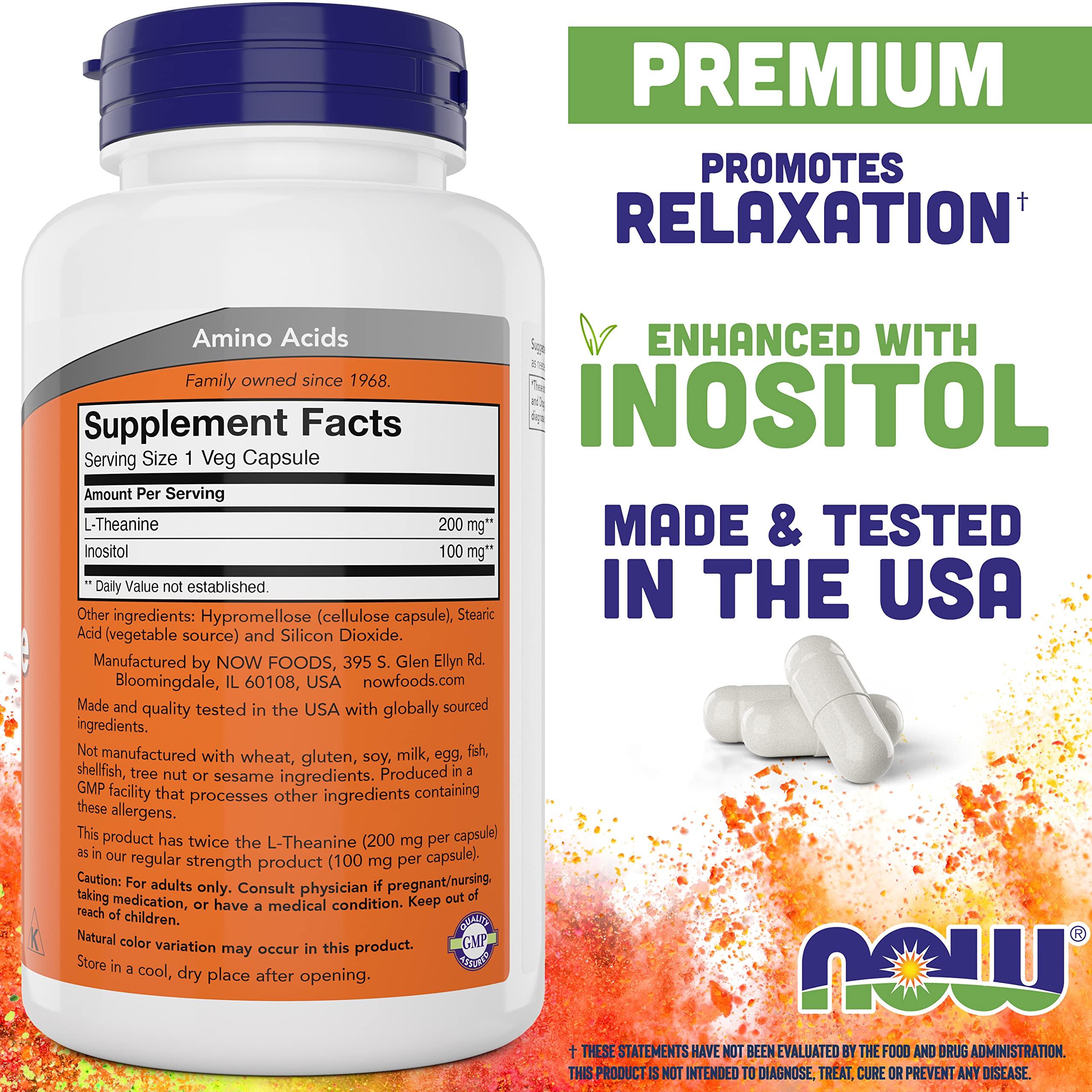 Now Now Foods L-Theanine, Double Strength 200 mg Per Cap - 180 Veg Capsules - Enhanced with 100mg Inositol - Vegetarian, Non-GMO - Ltheanine 200mg Supplement