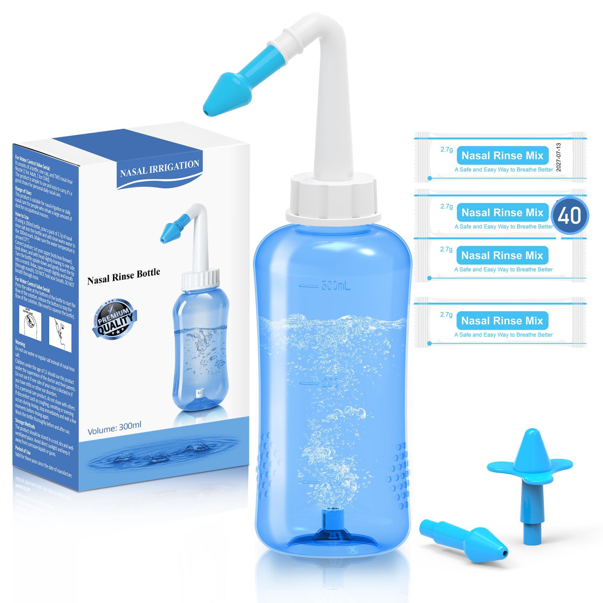 Binazon Neti Pot Sinus Rinse Kit, Sinus Rinse Bottle, Nose Wash Cleaner, Pressure Rinse Nasal Irrigation for Adult & Kid, 300ml Capacity Sinus Rinse Bottle and 40 Nasal Wash Salt Packets
