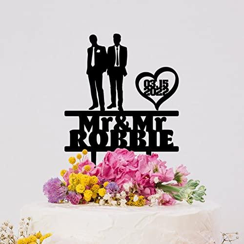 BYRON HOYLE Gay Cake Toppers Grooms Wedding Silhouette Same Sex Mr & Mr Rustic Wedding Cake Toppers with Heart Personalized LGBTQ Gay Rustic Cake Topper His And His Wedding Cake Decor LGBT Black Acrylic Topper