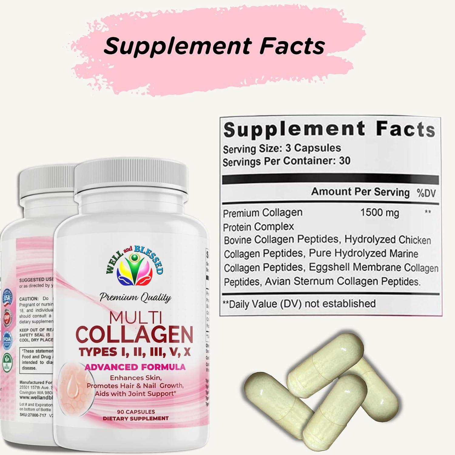Well and Blessed Multi Premium Collagen Supplements for Women with Vitamin C, E -Tighten Skin, Reduce Wrinkles, Strong Nails, Joints & Hair Growth - Anti Aging Skin Care Supplements for Women -90 Capsules