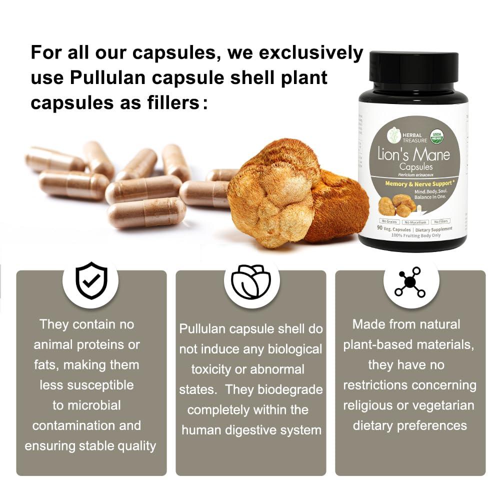 WL Herbal Treasure Herbal Treasure Lions Mane Supplement Capsules, Made with Organic Lions Mane Powder for Mental Clarity and Focus Supplements, 800mg Lions Mane Powder Organic Organic Mushroom Supplement 90 Caps