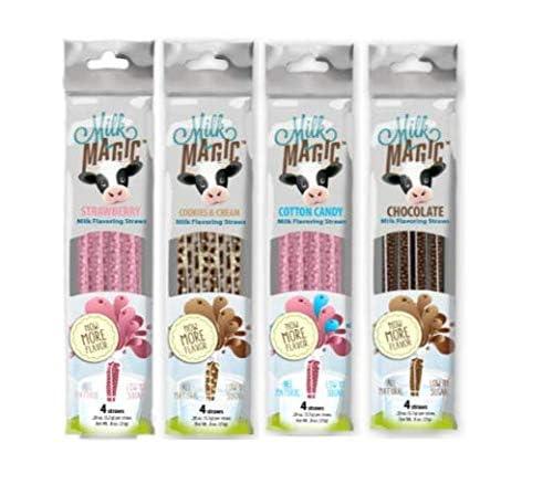 MILK MAGIC Milk Magic Milk Flavoring Straws, 4-Pack Bundle (16 count), Chocolate, Strawberry, Cotton Candy, Cookies & Cream Cereal Straws