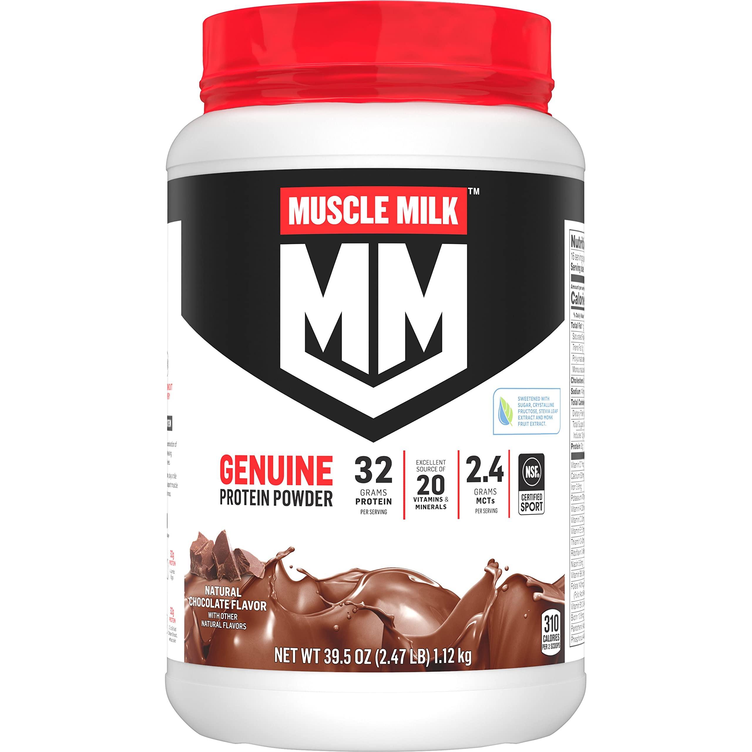 Muscle Milk Muscle Milk Genuine Protein Powder, Natural Chocolate, 2.47 Pound, 16 Servings, 32g Protein, 2g Sugar, Calcium, Vitamins A, C & D, NSF Certified for Sport, Energizing Snack, Packaging May Vary